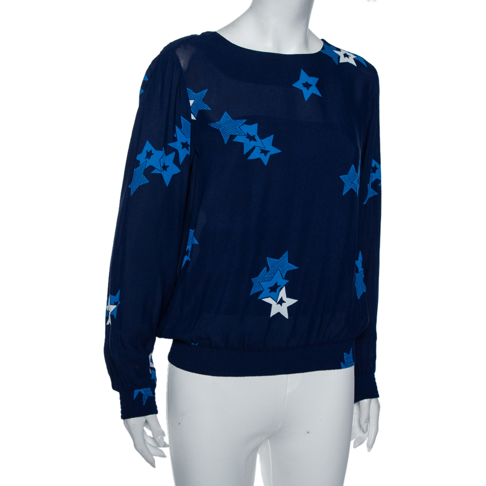 

See by Chloe Navy Blue Star-Print Crepe Smocked Waist Blouse