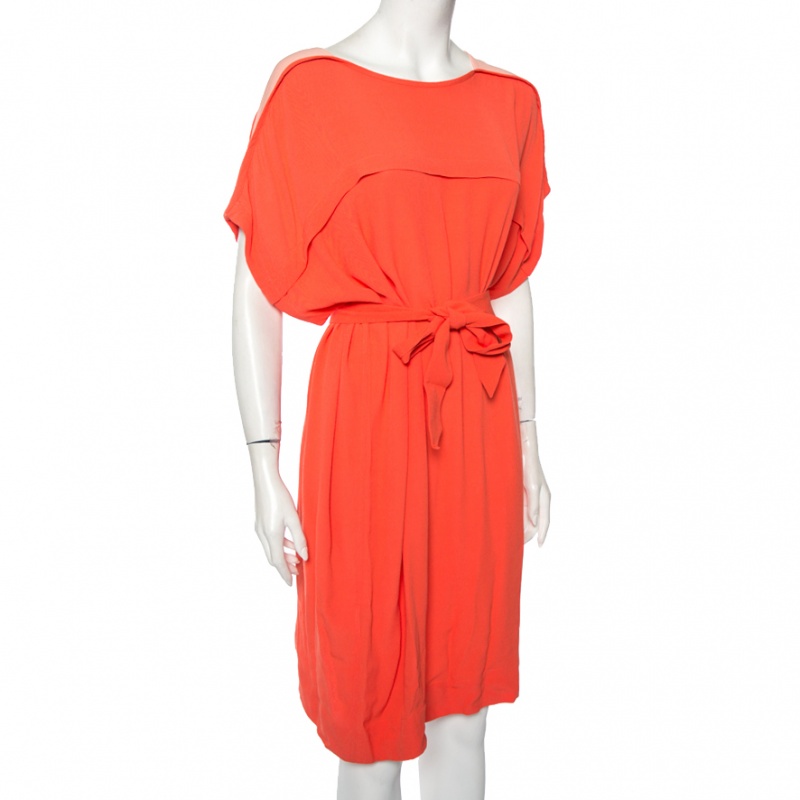 

See by Chloe Coral Pink Crepe Contrast Shoulder Detail Belted Dress