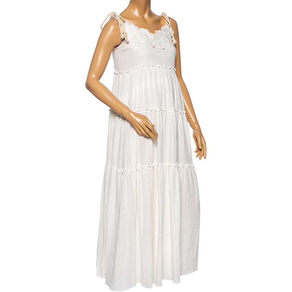 

See by Chloe White Cotton Floral Embroidered Yoke Detailed Tiered Maxi Dress