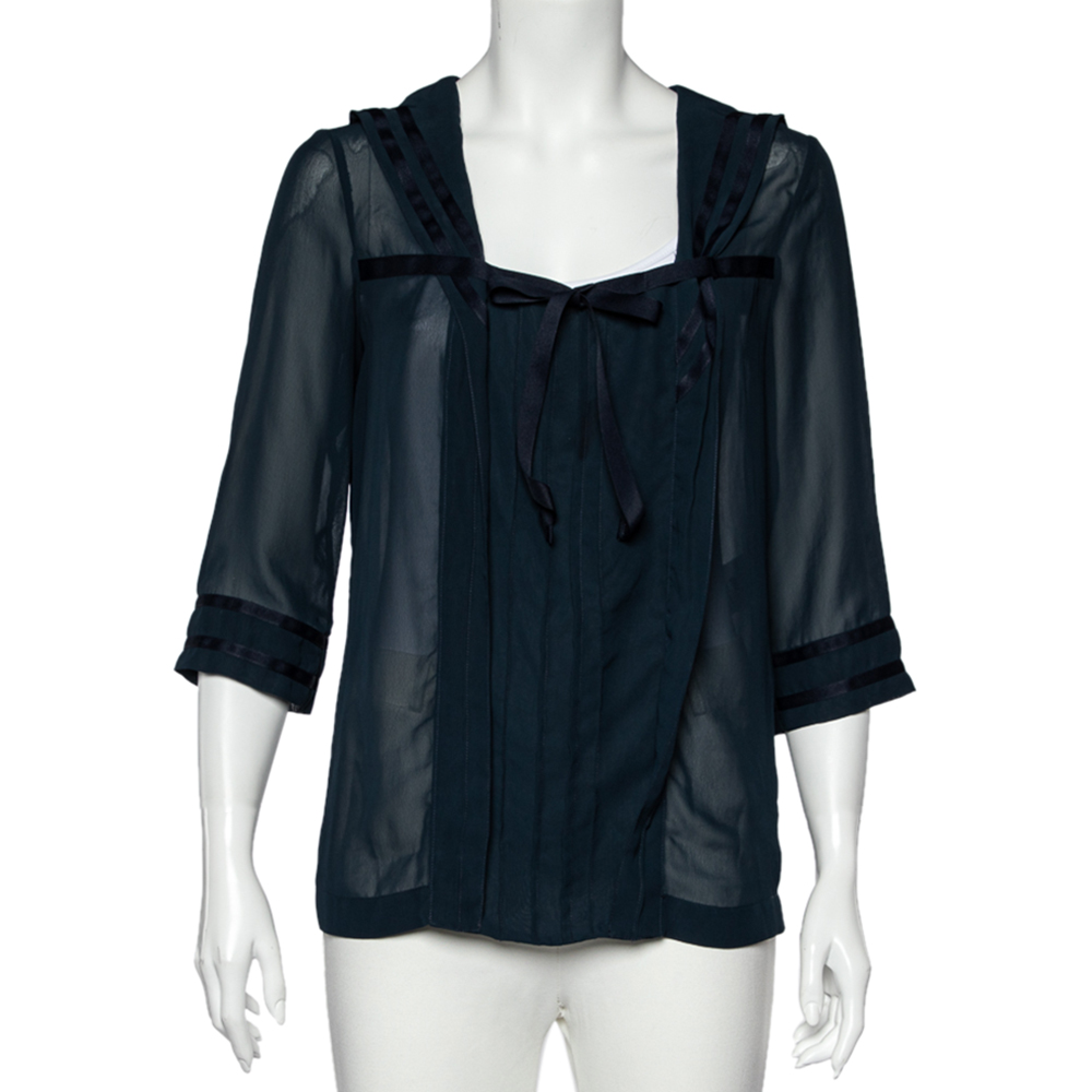 

See by Chloe Midnight Blue Crepe Pleated Sailor Collar Blouse