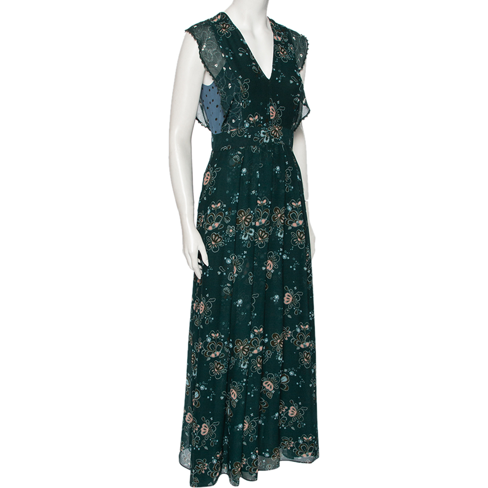 

See by Chloe Green Printed Georgette Back Tie Detail Pleated Maxi Dress