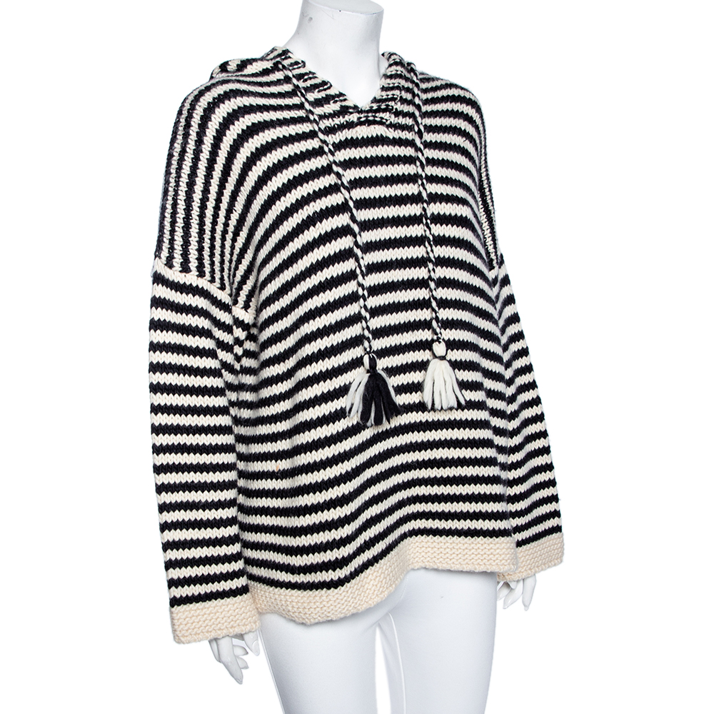 

See by Chloe Monochrome Striped Wool Knit Hooded Chunky Sweater, Black