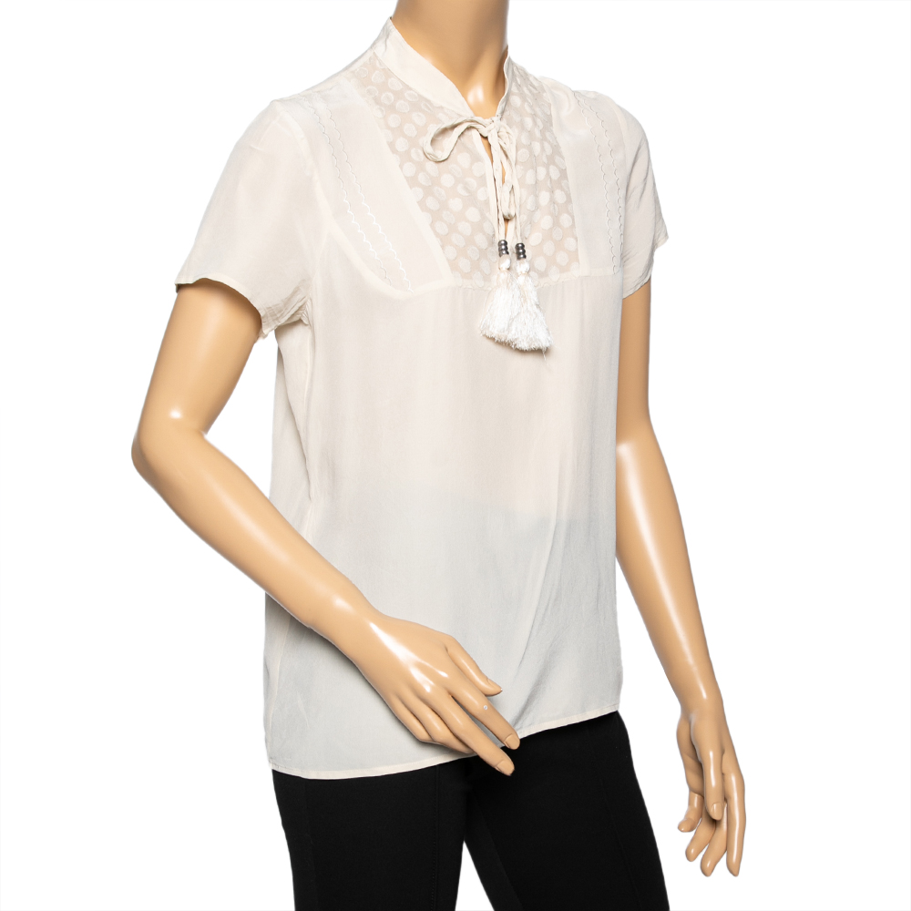 

See by Chloe Beige Silk Neck Tie Detail Paneled Top