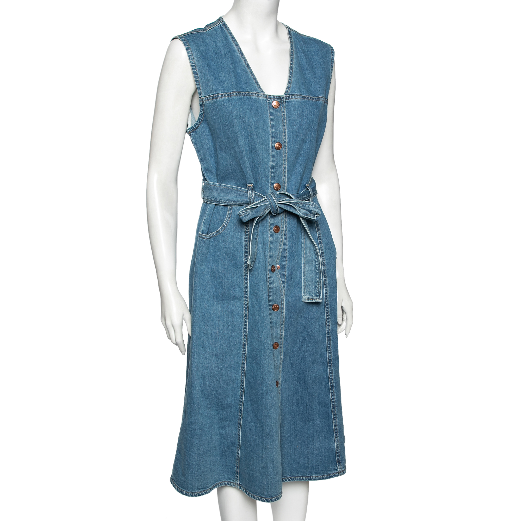 

See by Chloe Blue Denim Button Front Belted Sleeveless Dress