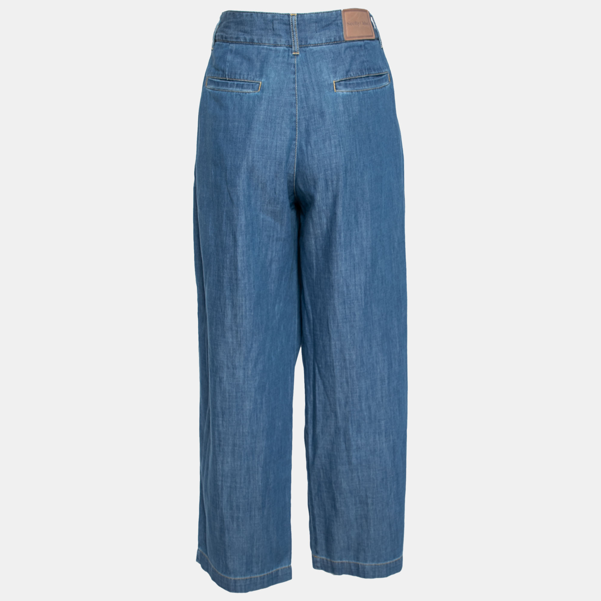 

See by Chloe Blue Denim Cropped Pleated High Rise Jeans