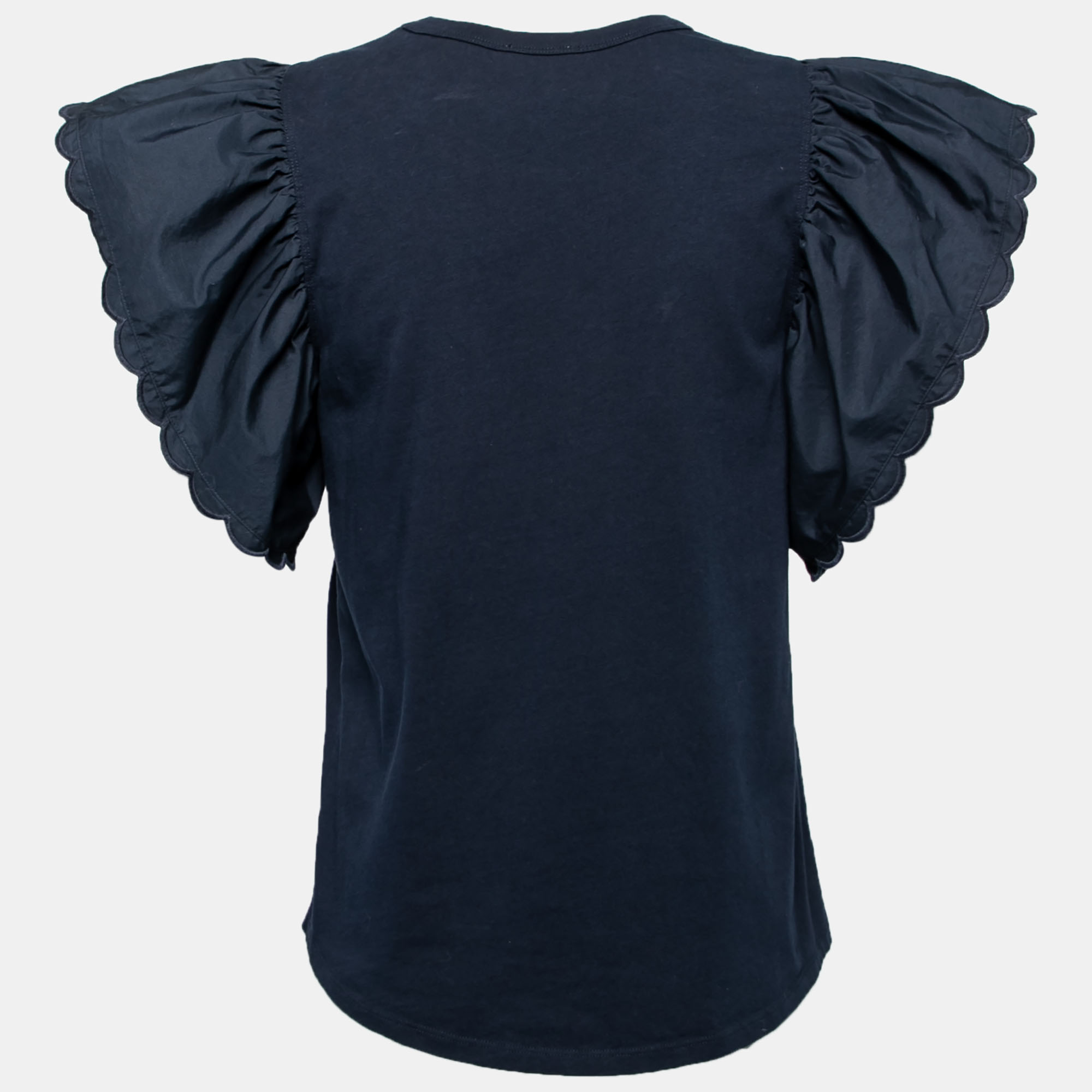 

See by Chloe Navy Blue Cotton Ruffled Sleeve T-Shirt