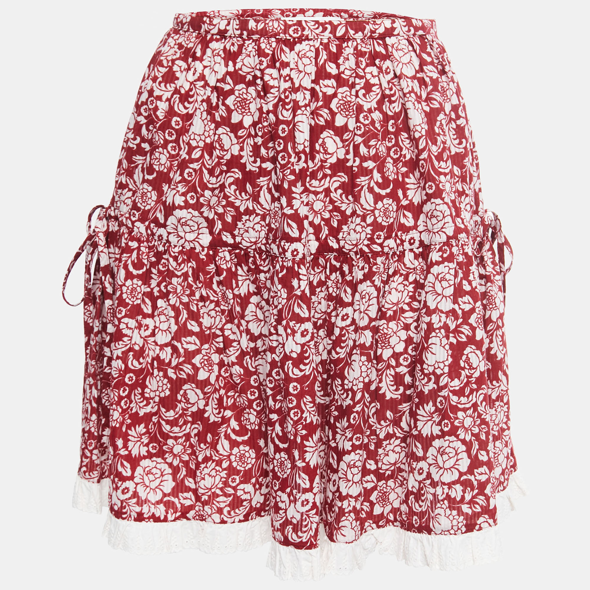 Pre-owned See By Chloé Red Floral Printed Cotton Lace Trimmed Mini Skirt S