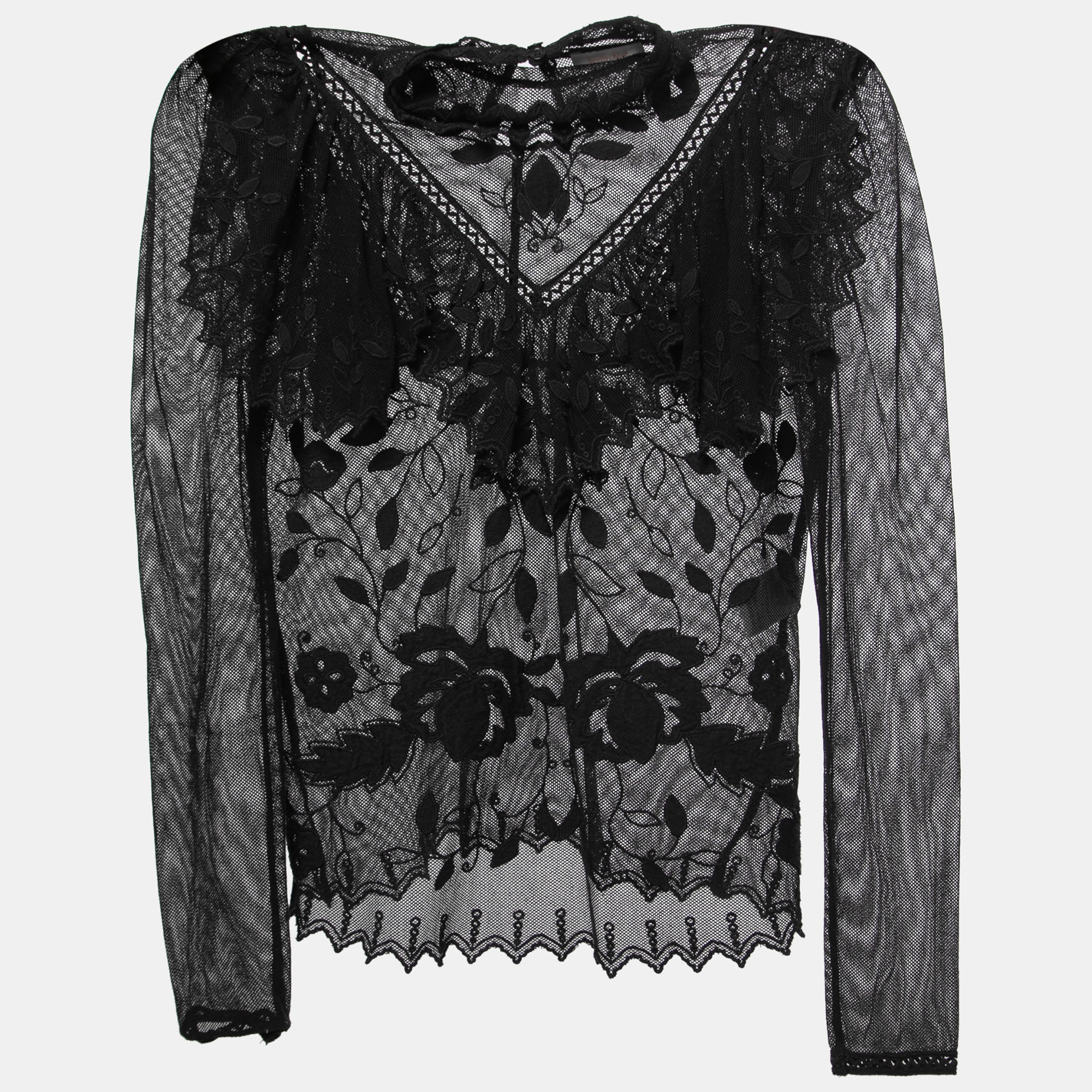 

See by Chloe Black Embroidered Cotton Blend Ruffled Mesh Top