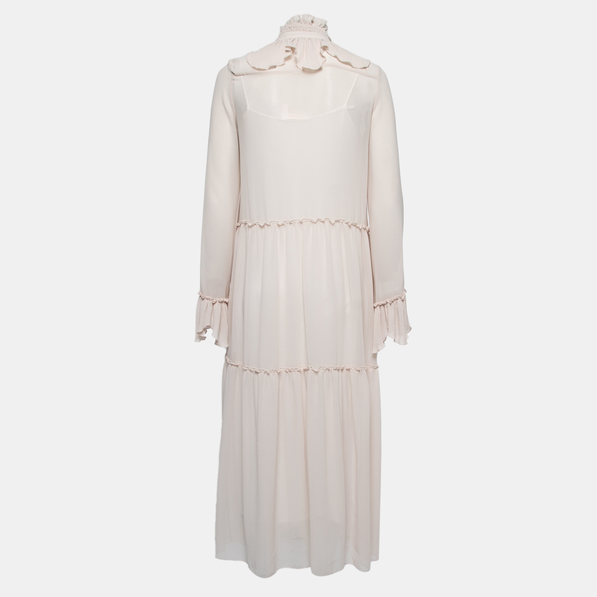 

See by Chloe Beige Crepe de Chine Ruffled Tiered Maxi Dress