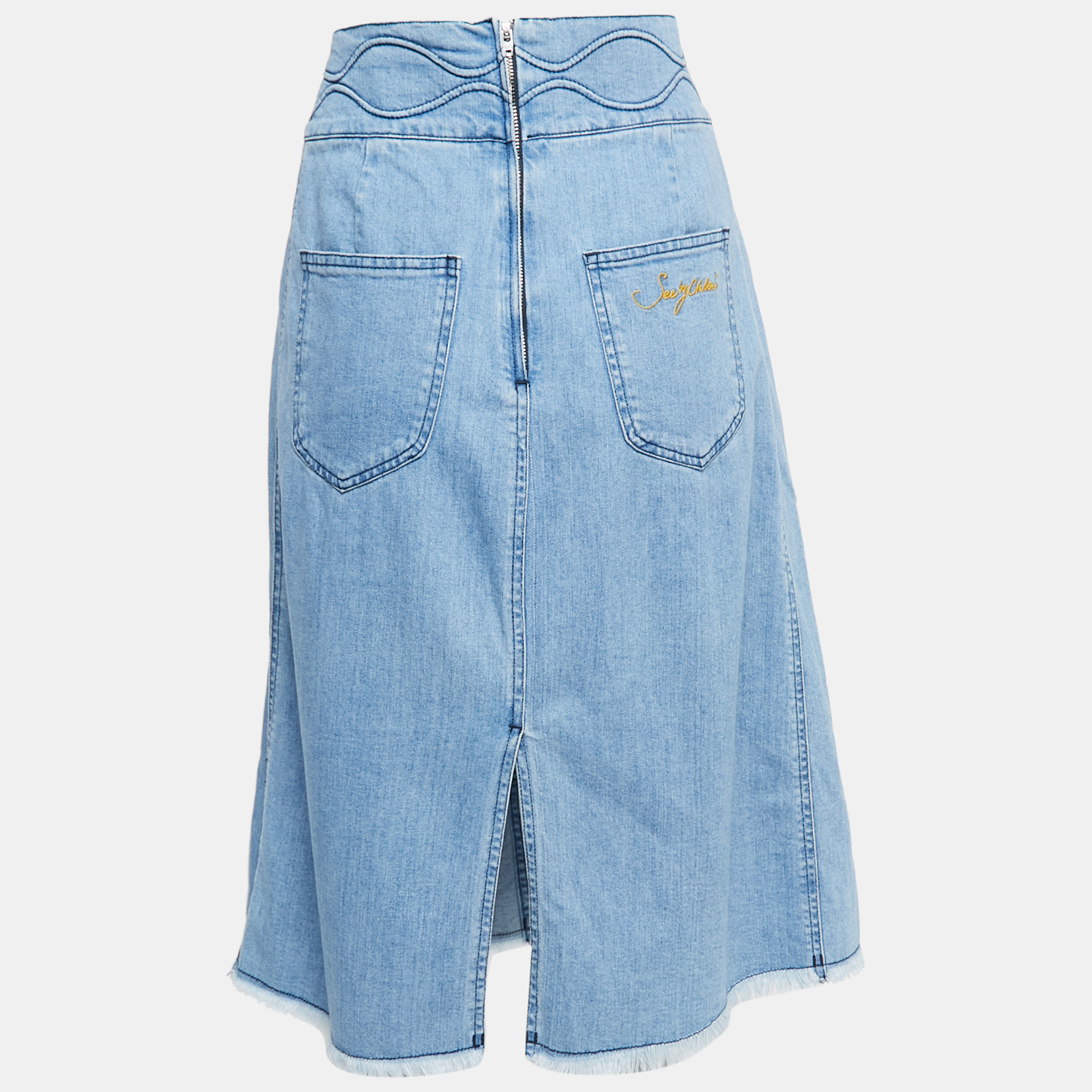 

See by Chloe Blue Washed Denim Raw-Trimmed Midi Skirt