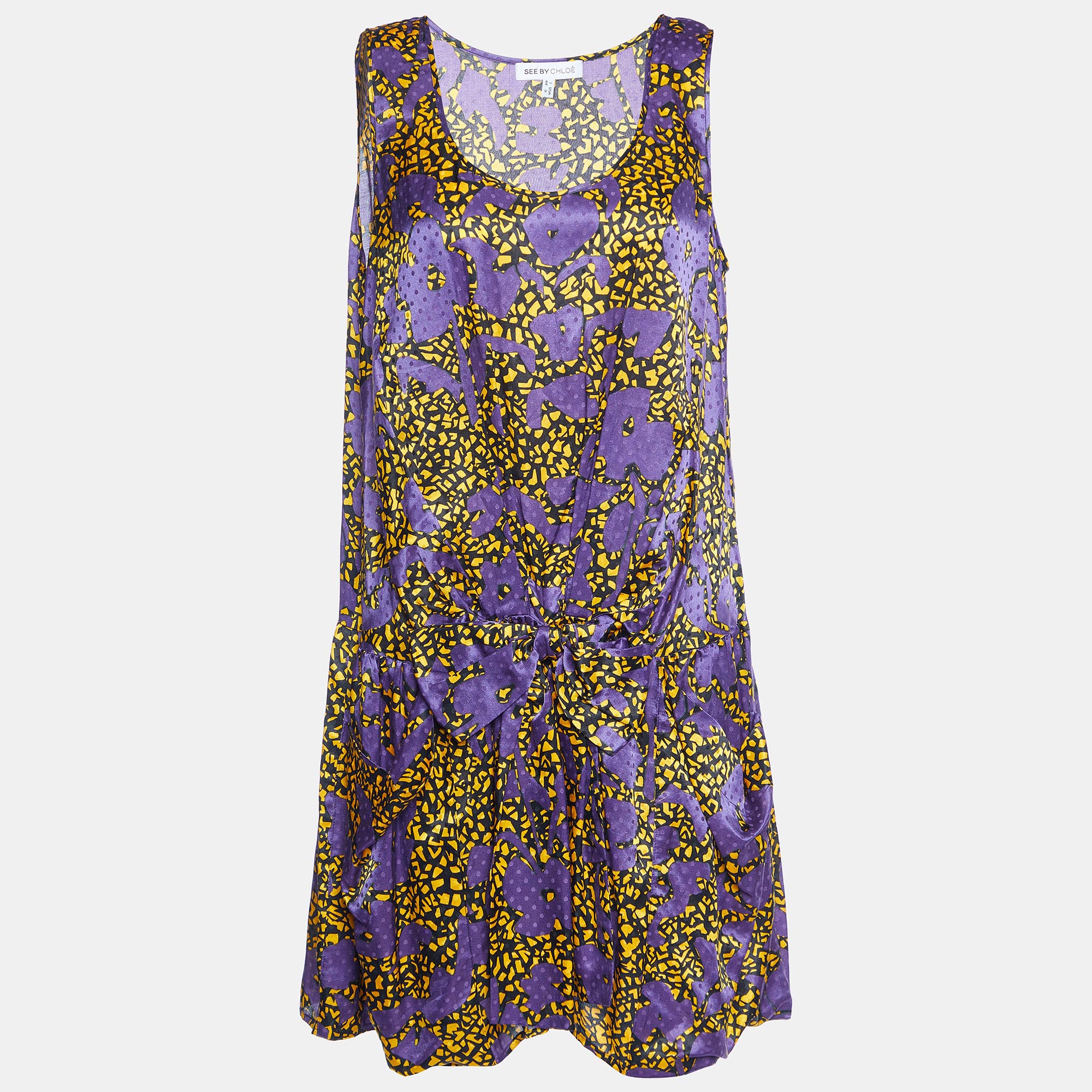 

See by Chloe Purple Printed Cotton & Silk Bow Detail Mini Dress