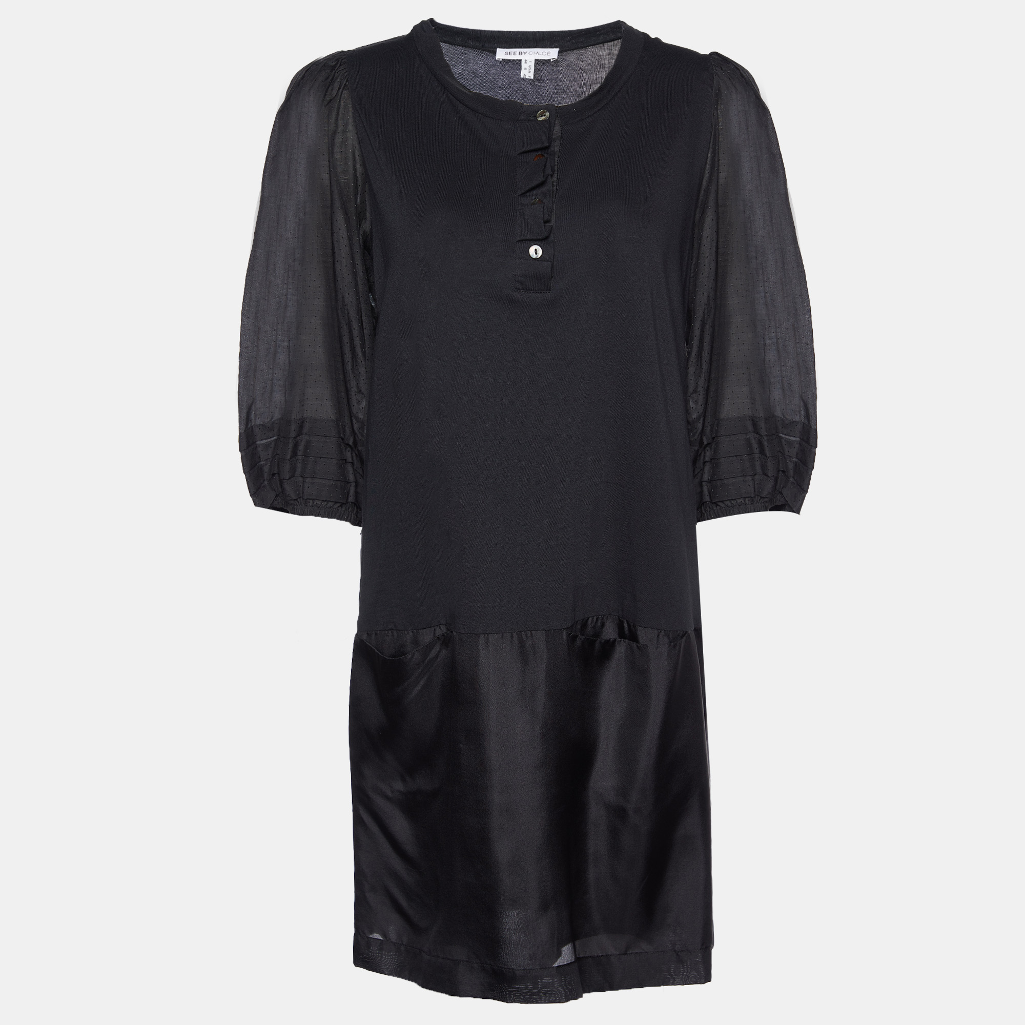 

See by Chloe Black Cotton Knit & Silk Shift Dress L