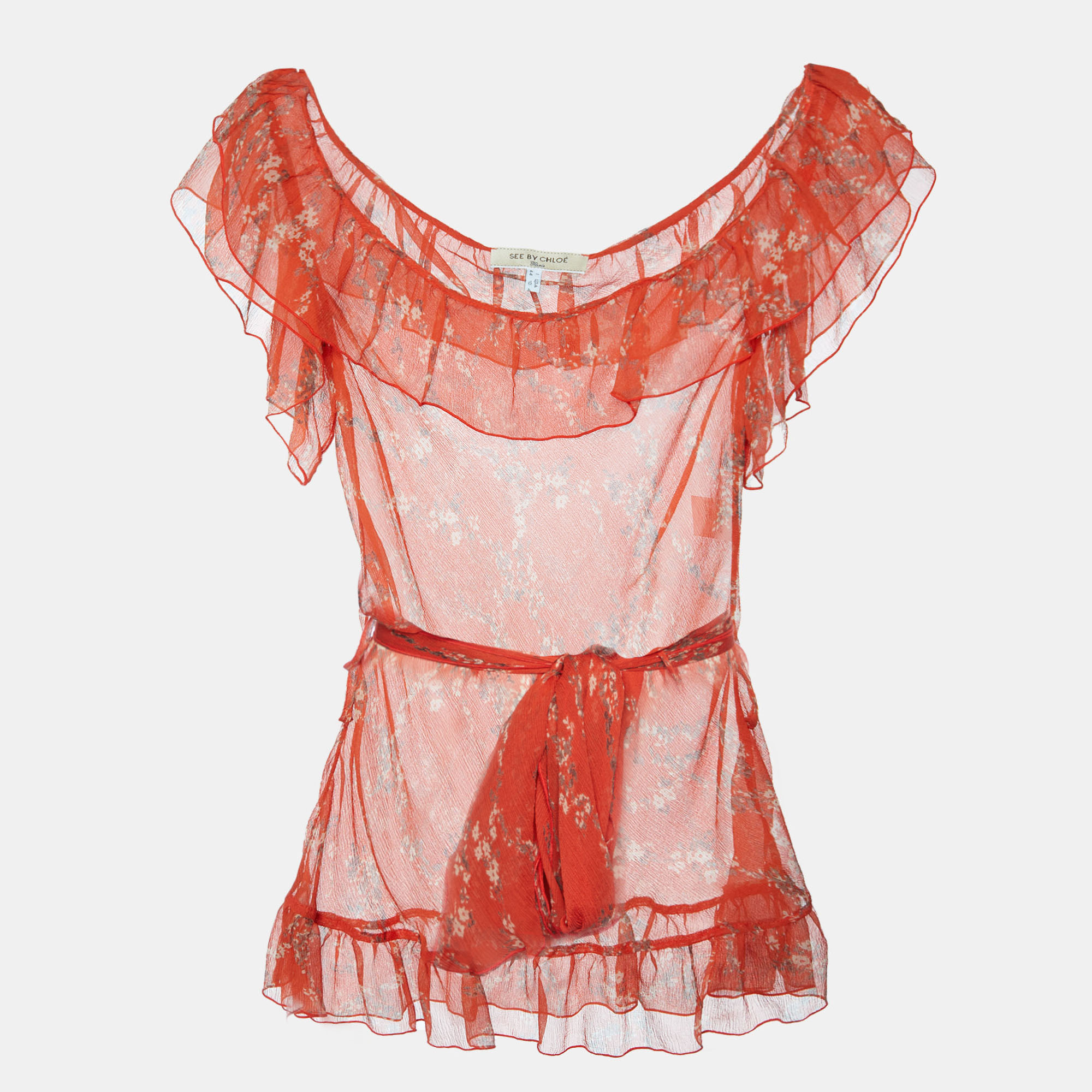 

See by Chloe Orange Printed Silk Belted Ruffled Top