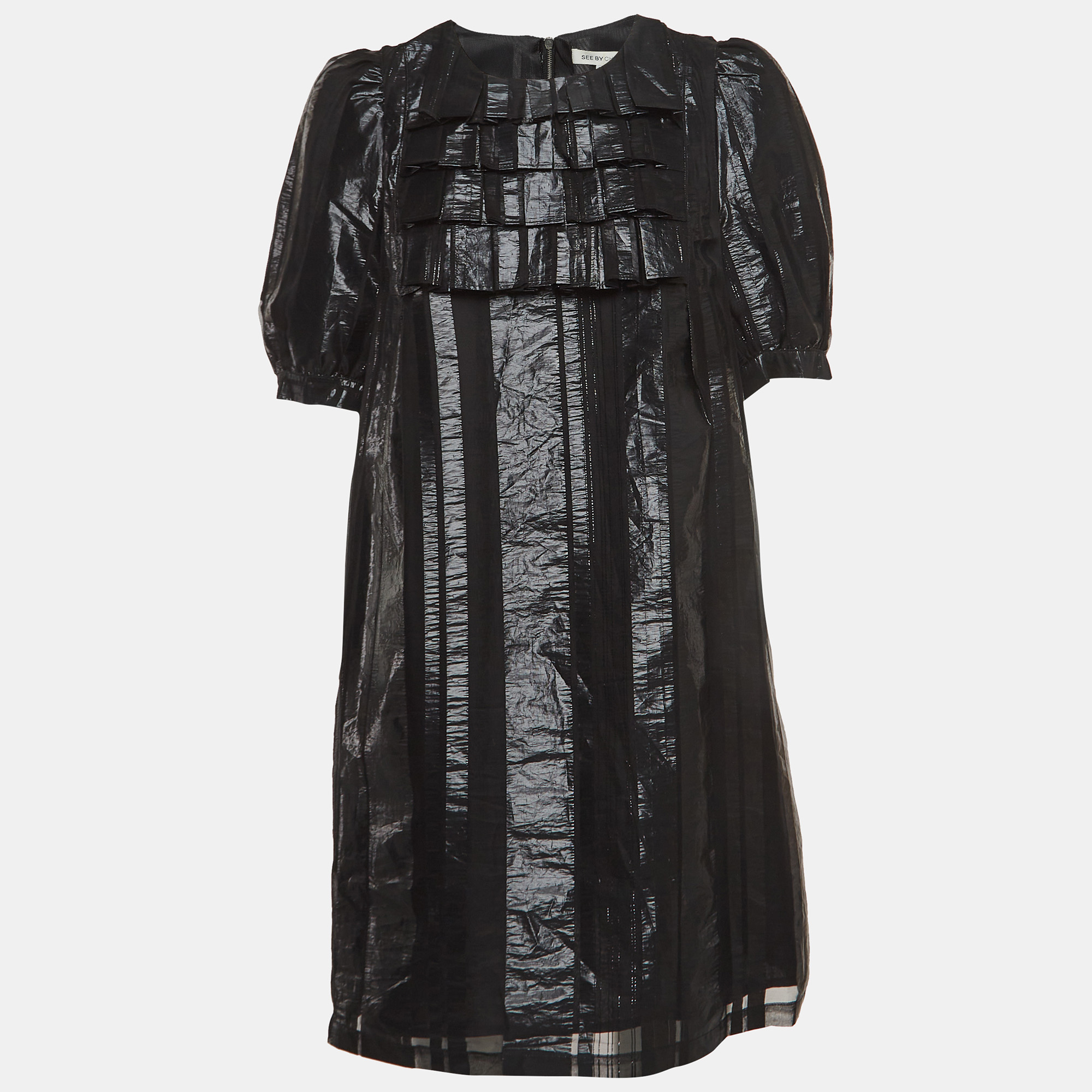 Pre-owned See By Chloé Black Lame Ruffled Mini Dress M