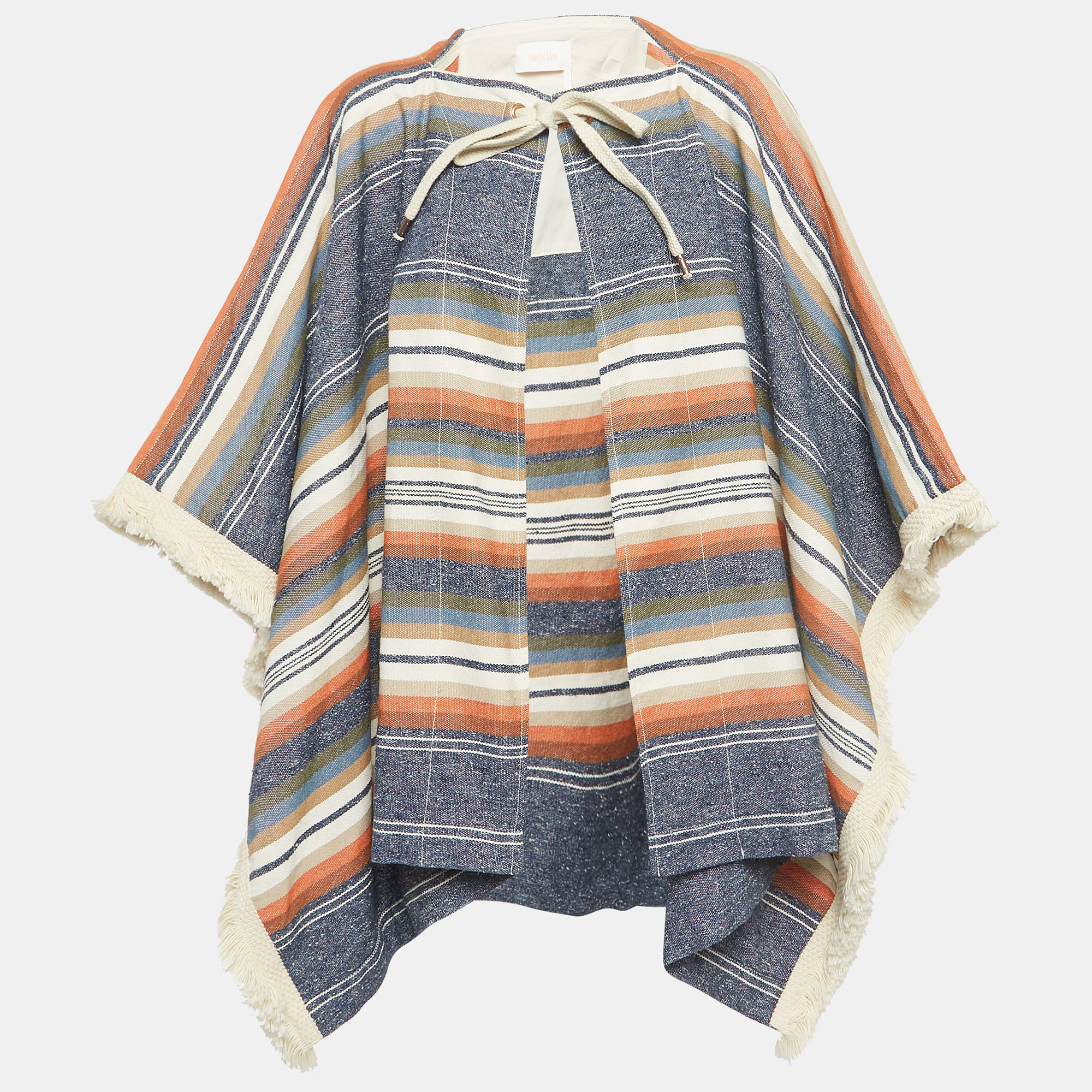 Pre-owned See By Chloé Multicolor Striped Canvas Fringe Detail Poncho M/l