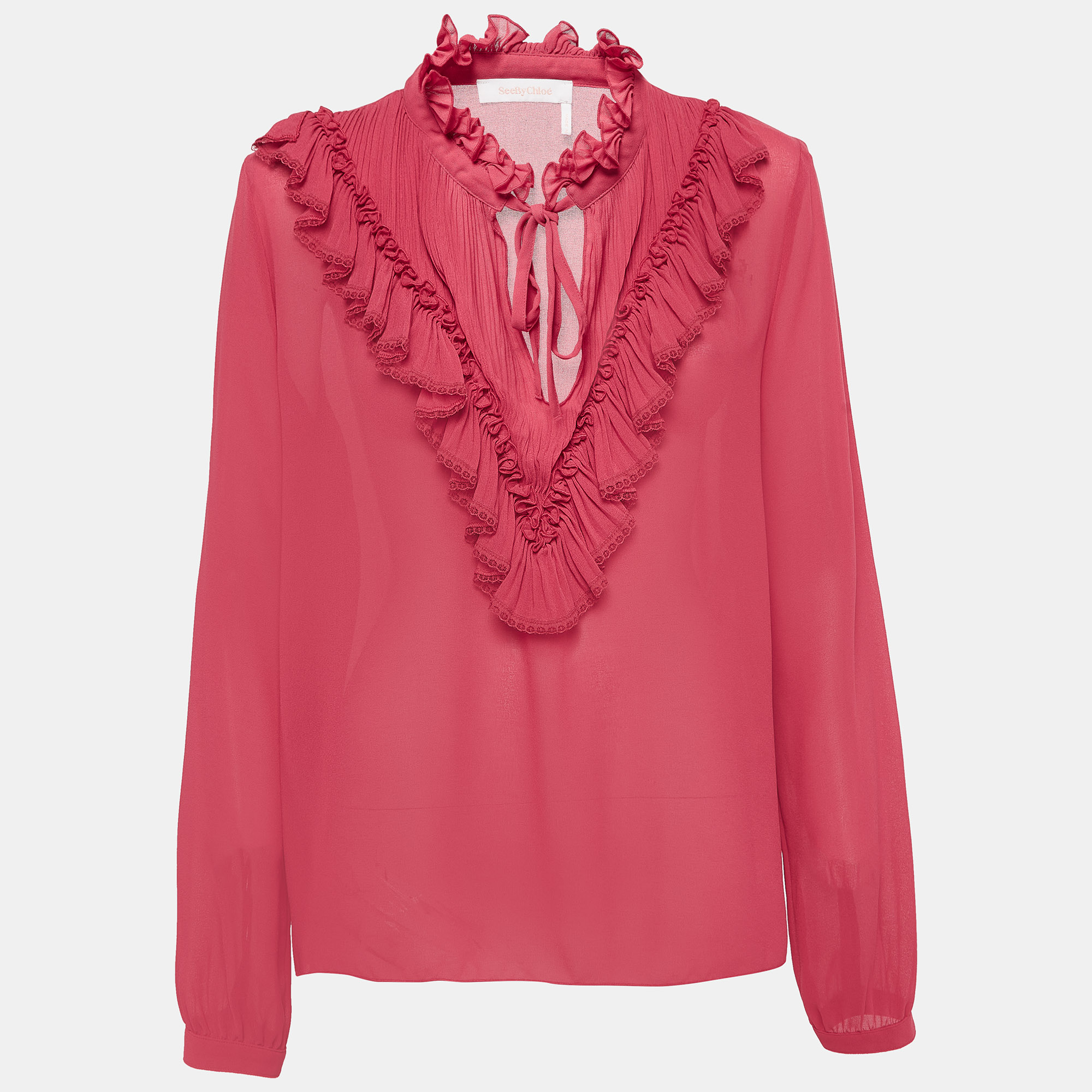 Pre-owned See By Chloé Raspberry Pink Crepe Ruffled Blouse M