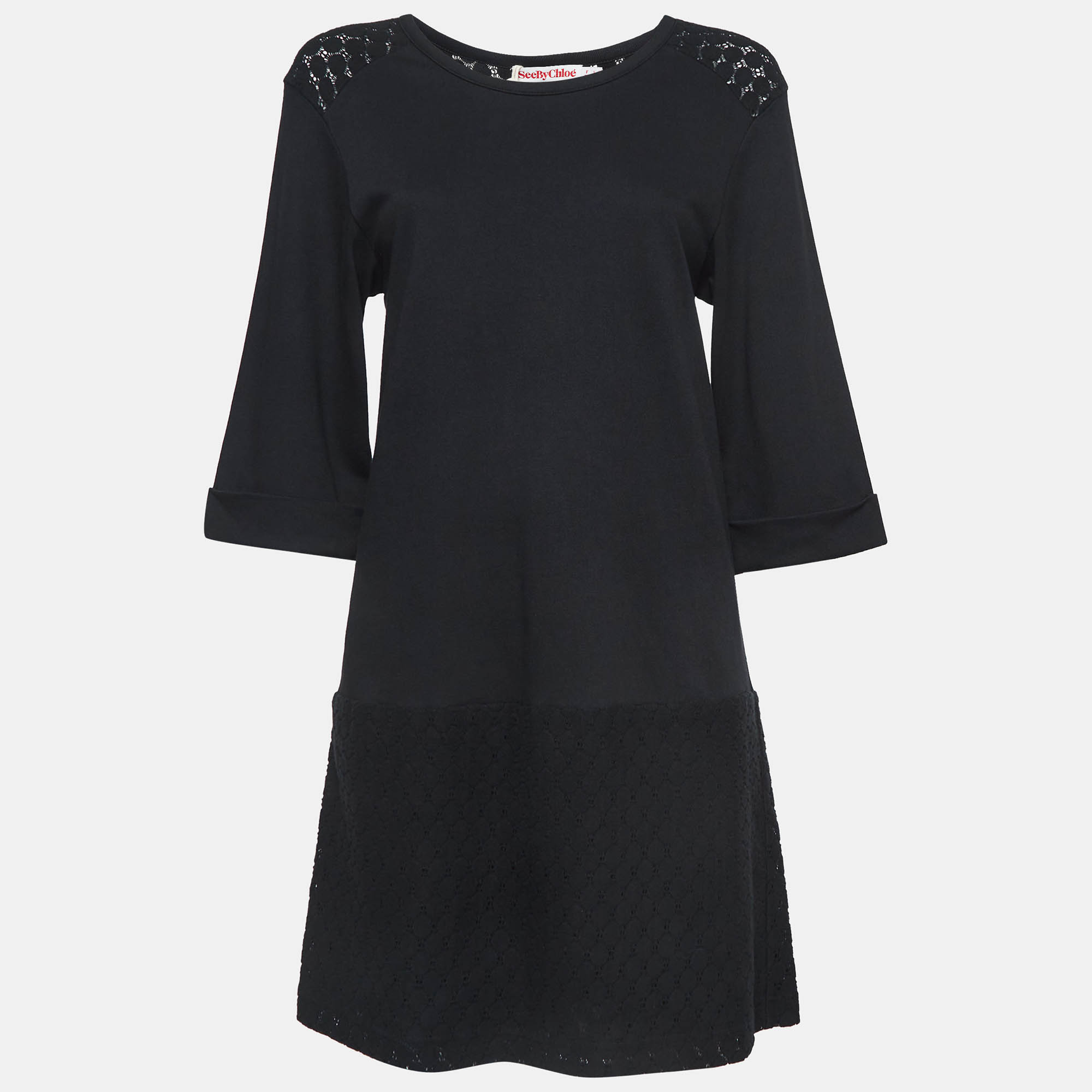 

See by Chloe Black Lace and Cotton Long Sleeve Short Dress