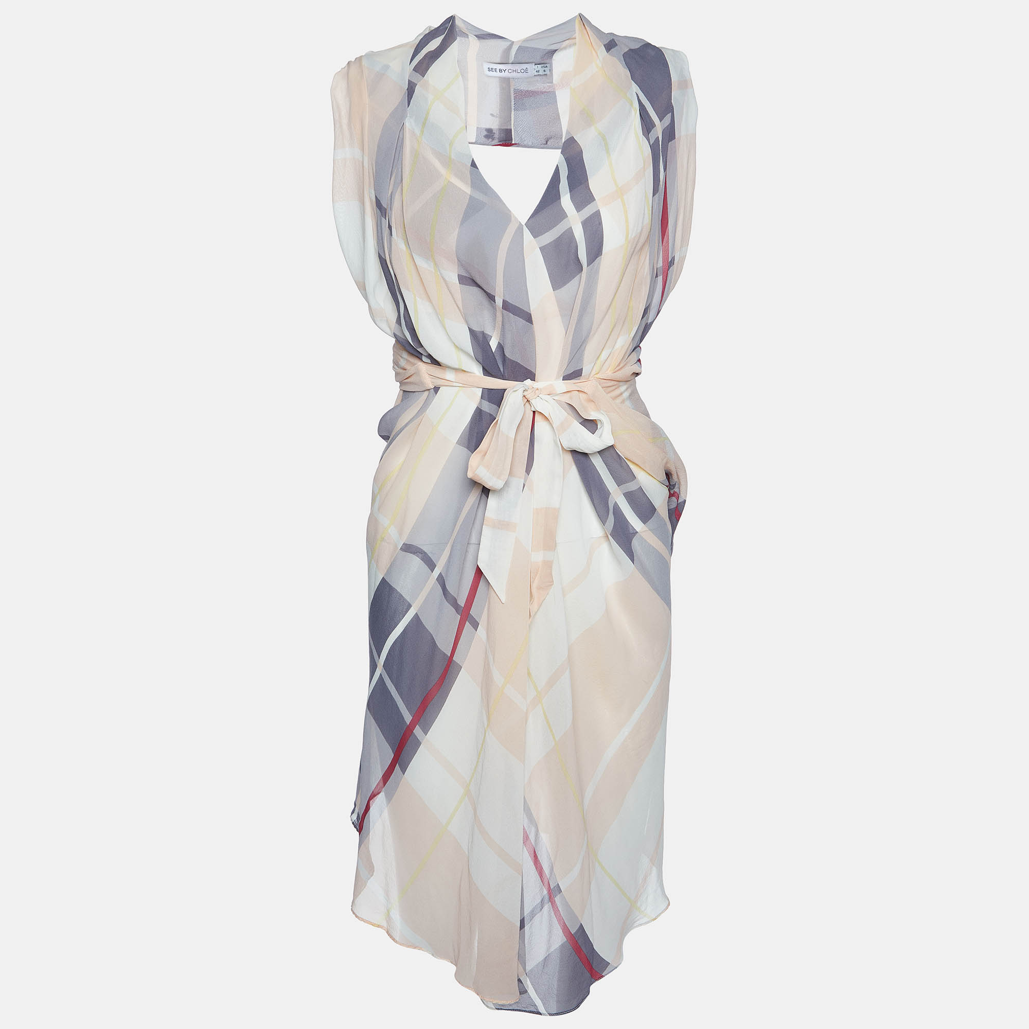 

See by Chloe Beige Checked Silk Asymmetric Short Dress
