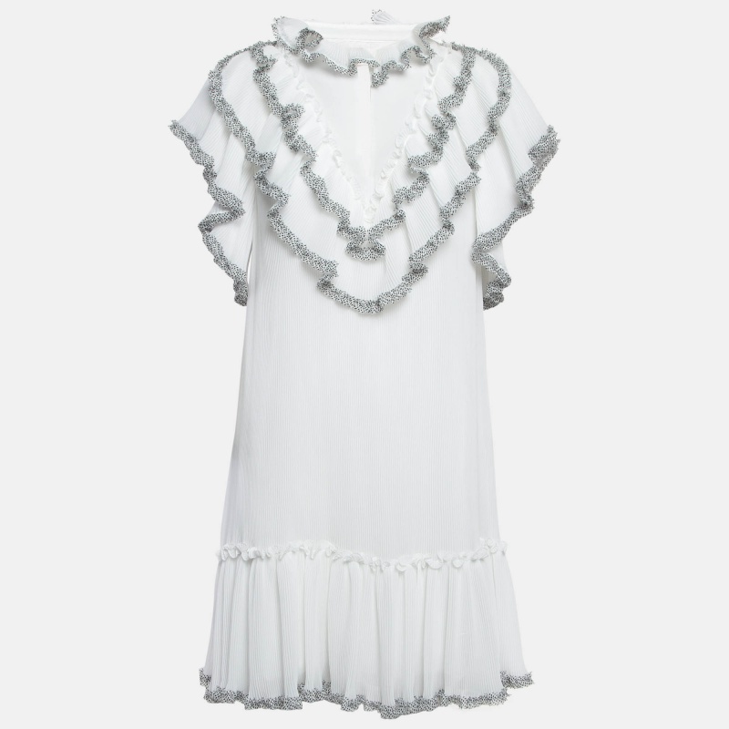 Pre-owned See By Chloé White Pleated Chiffon Ruffled Short Dress M