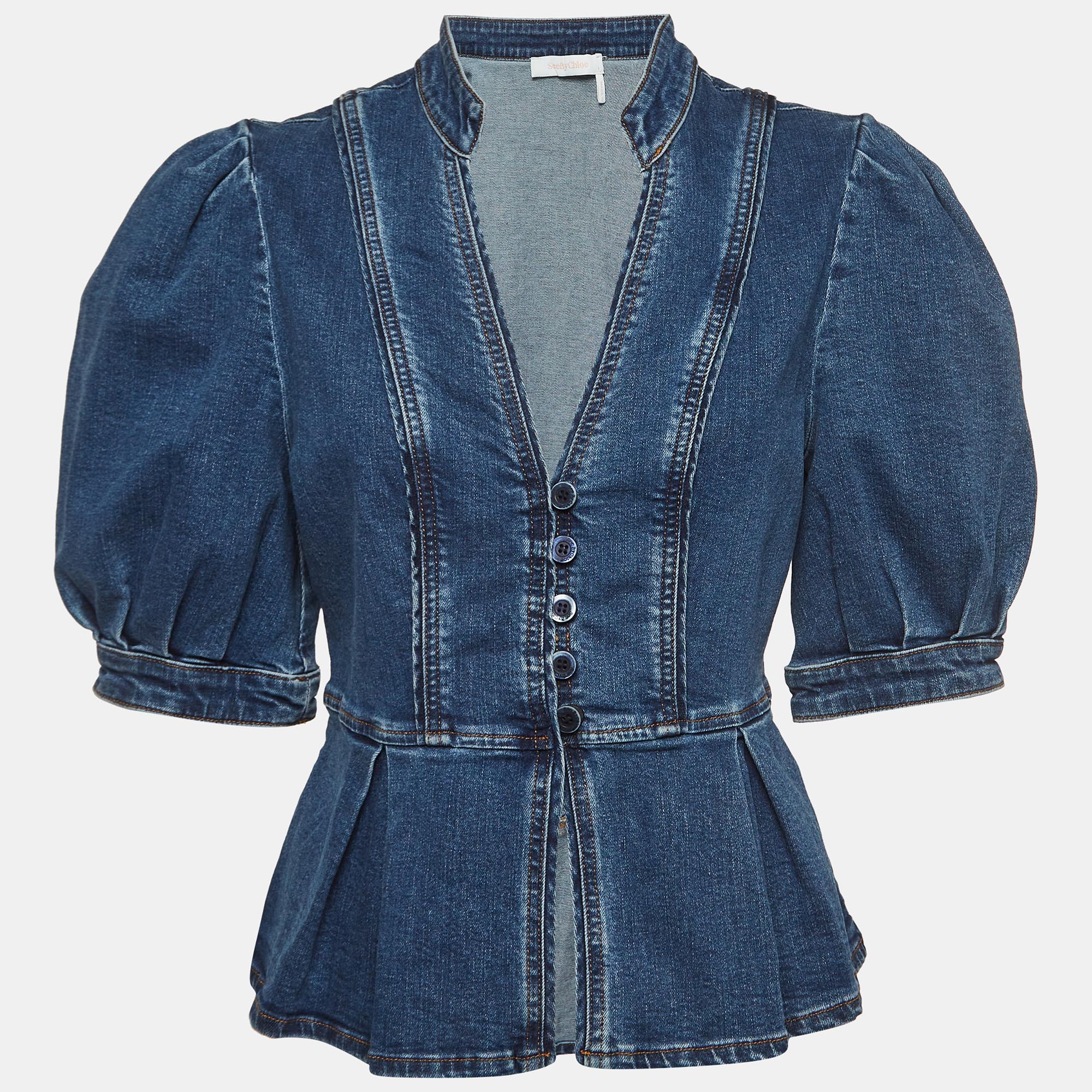

See by Chloe Blue Denim Buttoned Front Pleated Blouse M