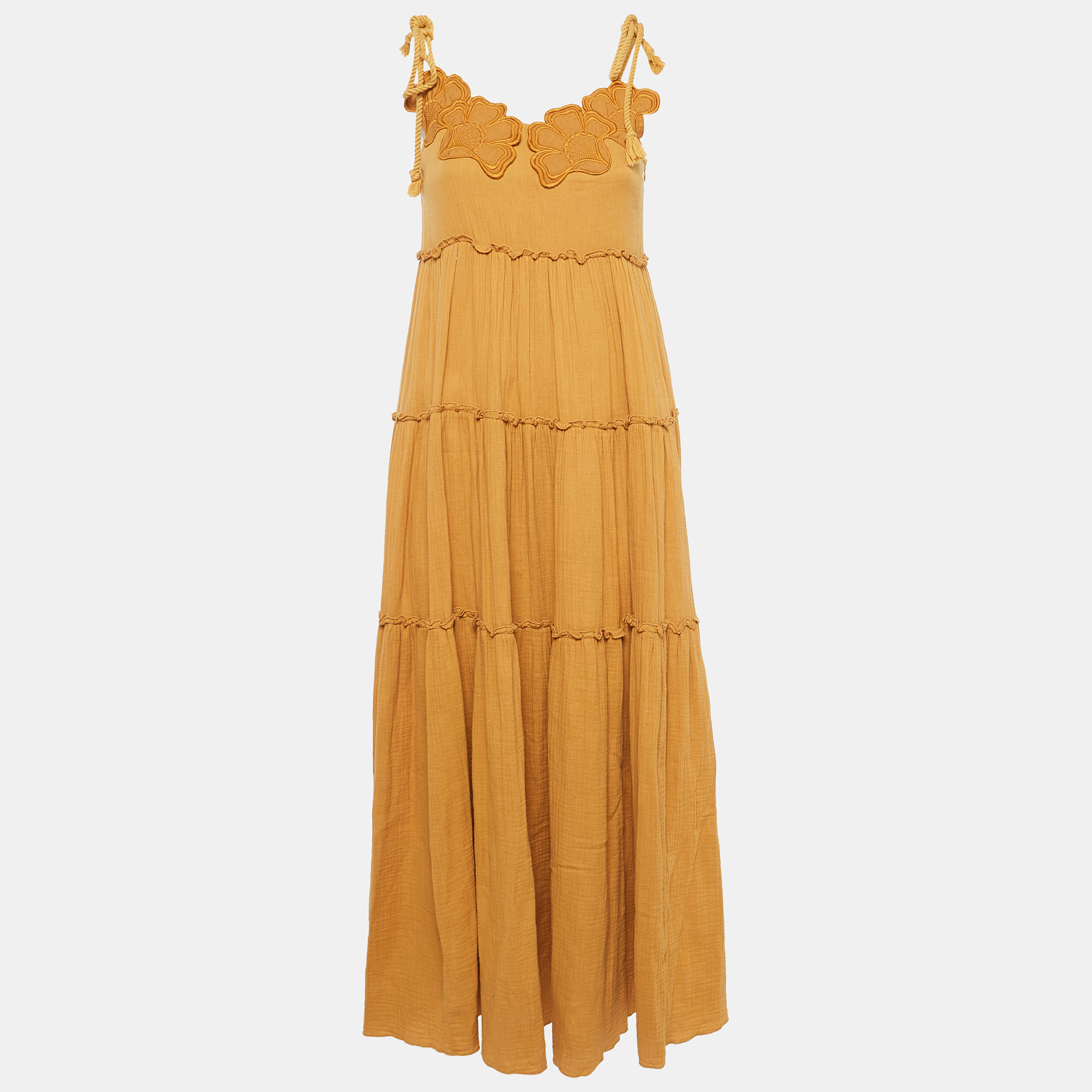 

See by Chloe Yellow Floral Applique Cotton Tiered Maxi Dress M