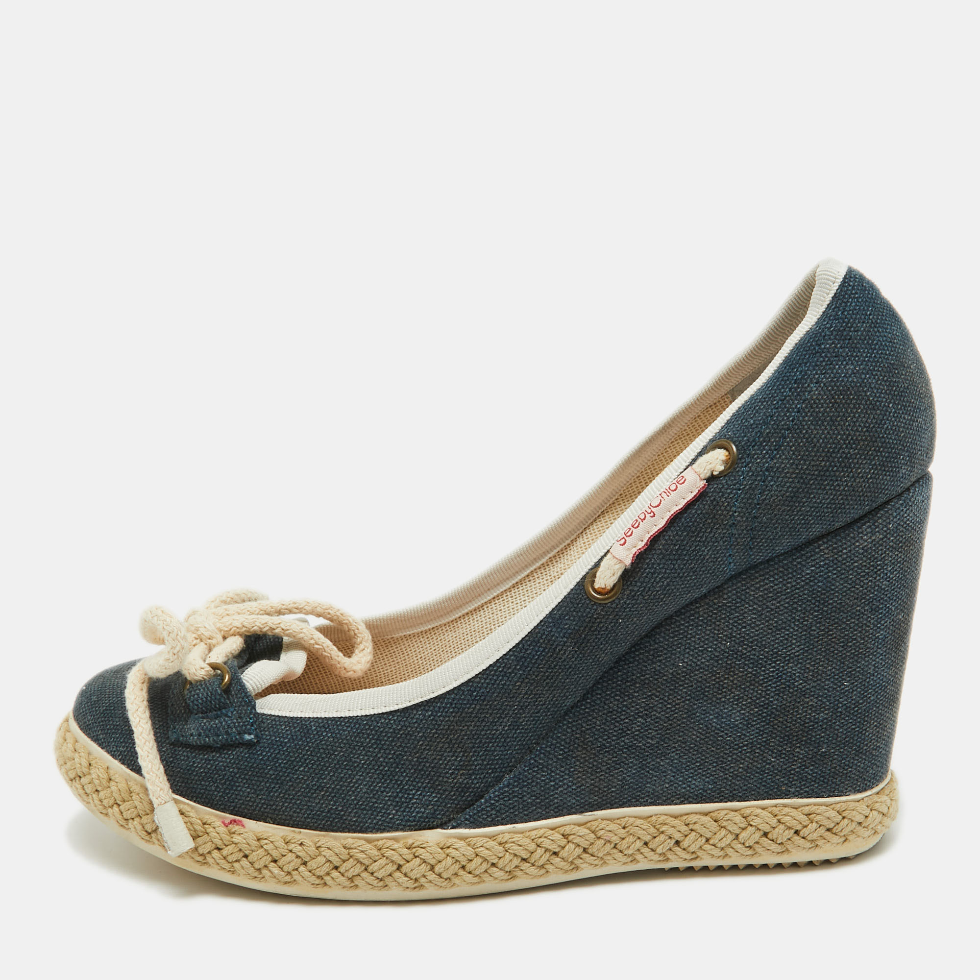 

See by Chloe Navy Blue Denim Wedge Pumps Size