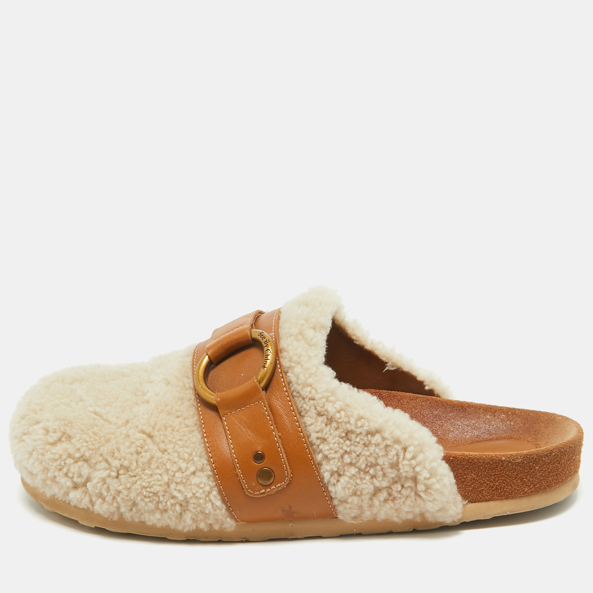 

See by Chloe Cream Leather and Shearling Fur Mules Size