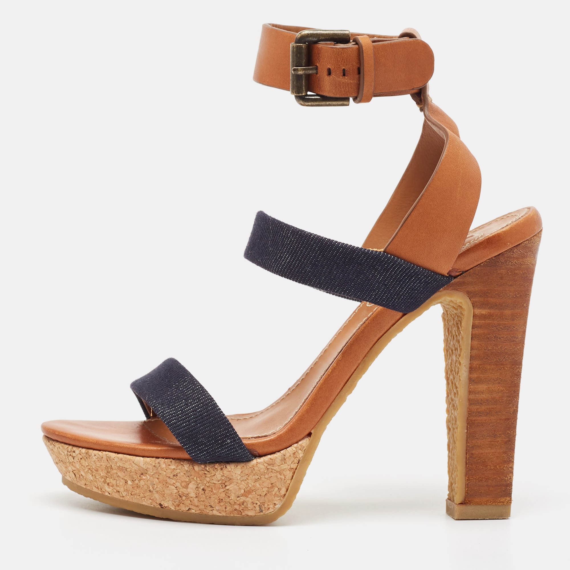 

See by Chloe Brown Canvas Denim Ankle Strap Sandals Size