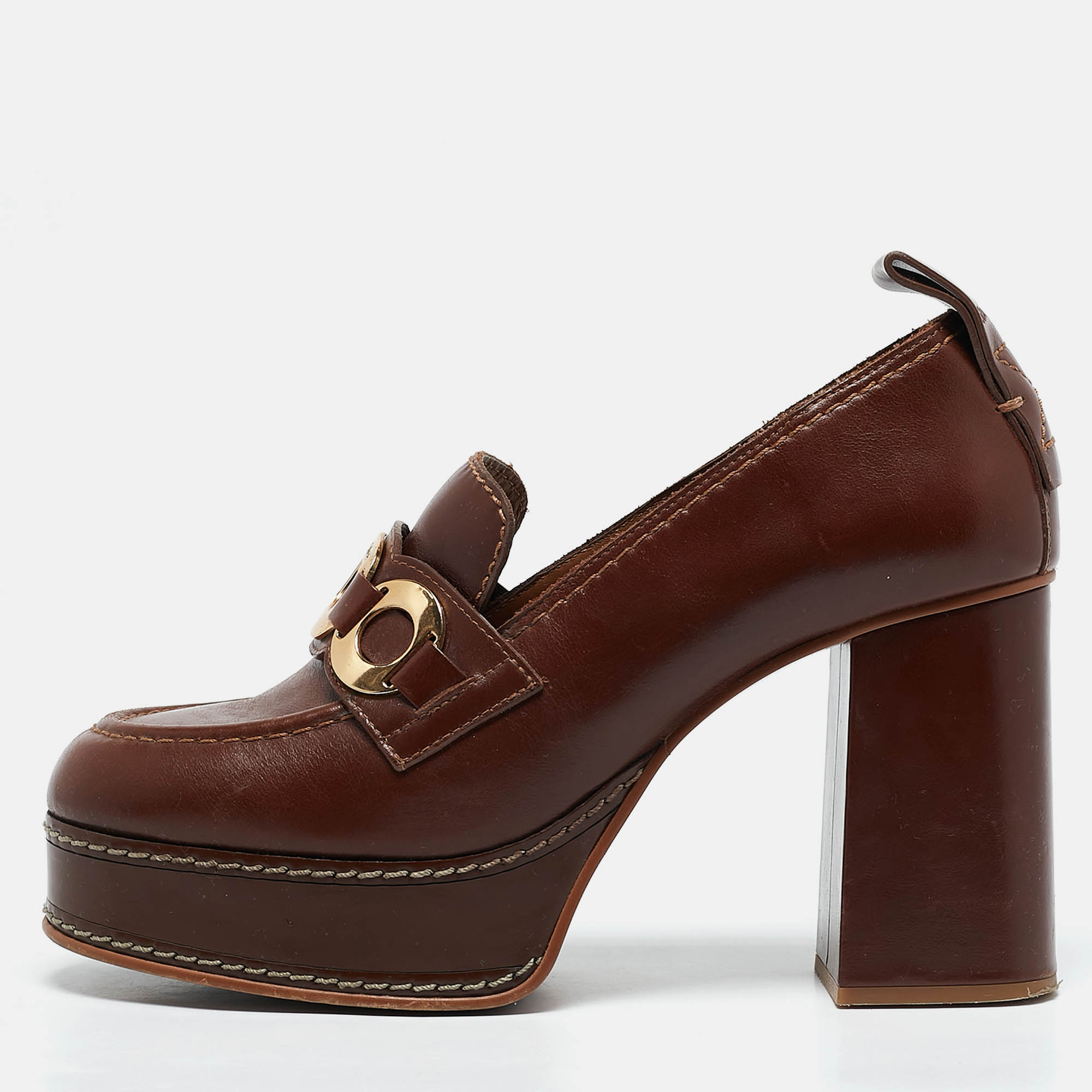 

See by Chloe Brown Leather Platform Loafer Pumps Size