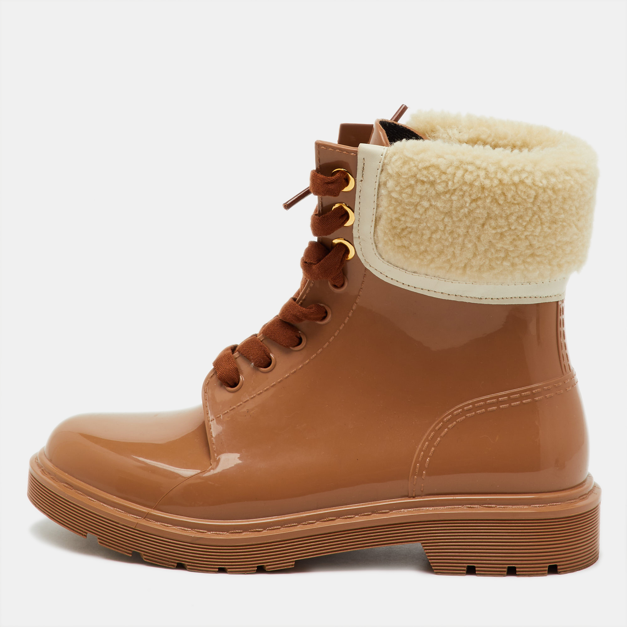 Pre-owned See By Chloé Beige Rubber And Shearling Fur Florrie Lined Combat Boots Size 39 In Sand