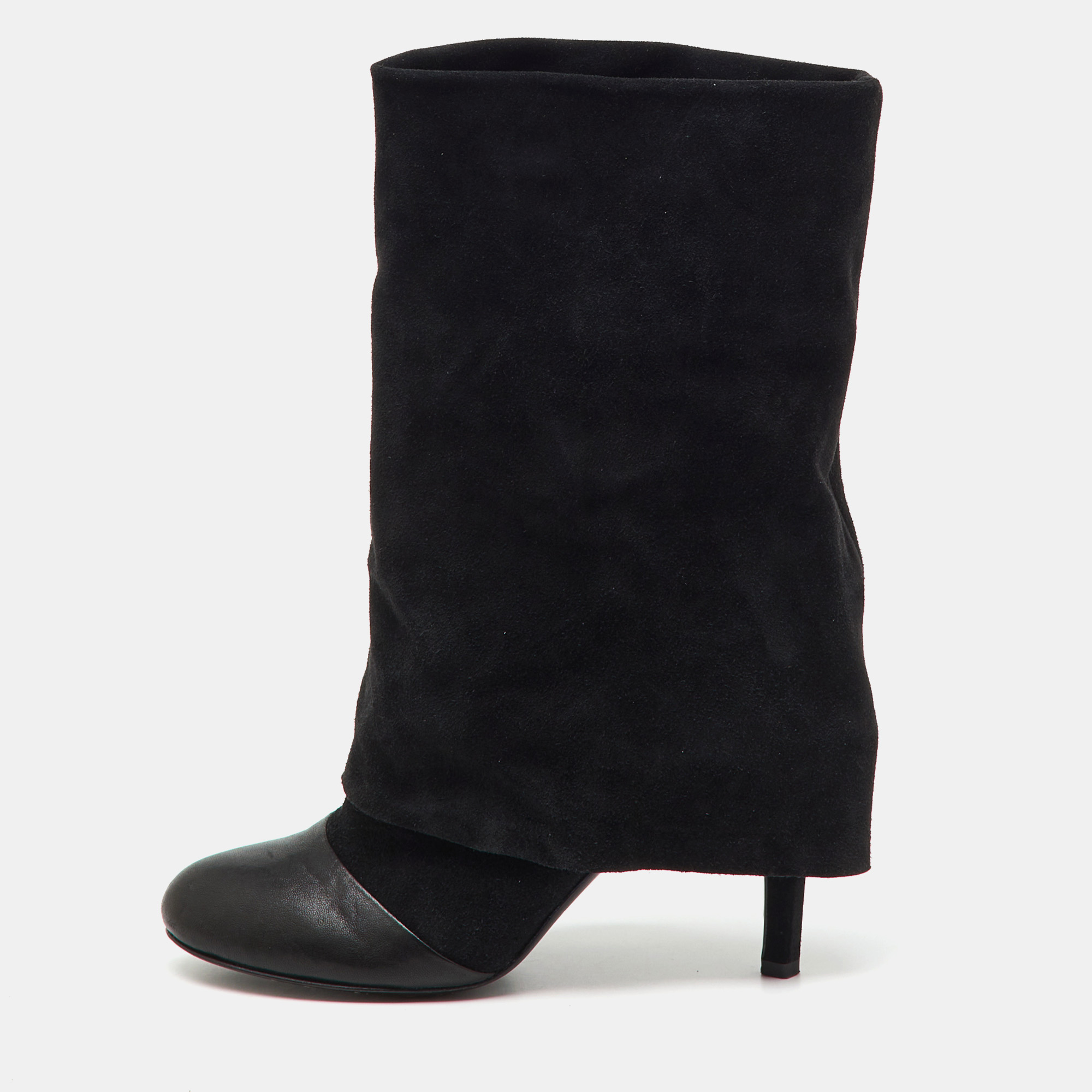 See by Chloe Black Suede and Leather Foldover Mid Calf Boots Size 39