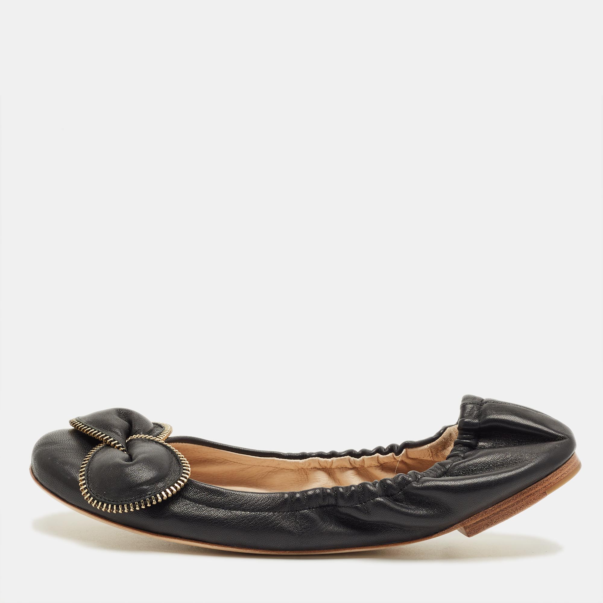 Pre-owned See By Chloé Black Leather Scrunch Bow Ballet Flats Size 41