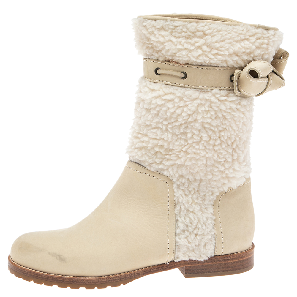 

See by Chloe Beige Shearling Fur and Nubuck leather Mid-Calf Boots Size