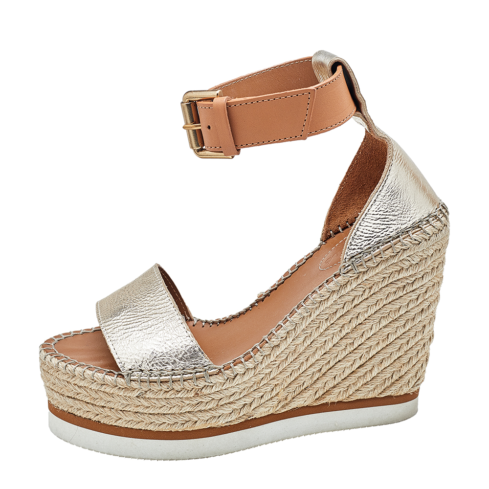 

See by Chloe Metallic Gold/Brown Leather Wedge Espadrille Ankle Strap Sandals Size