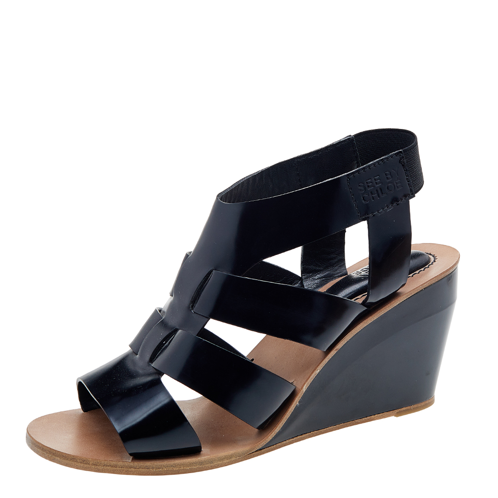 

See by Chloe Black Leather Slingback Wedge Sandals Size