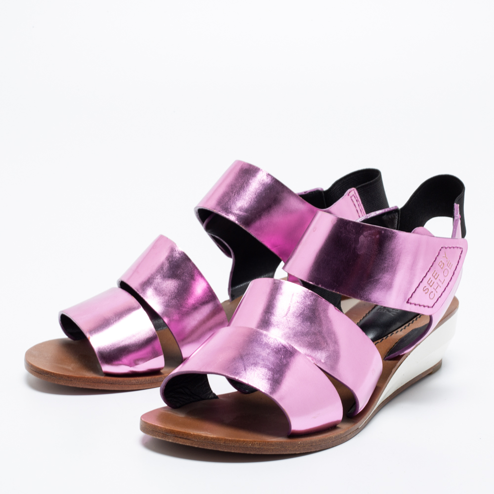 

See by Chloe Metallic Purple Leather Slingback Wedge Sandals Size