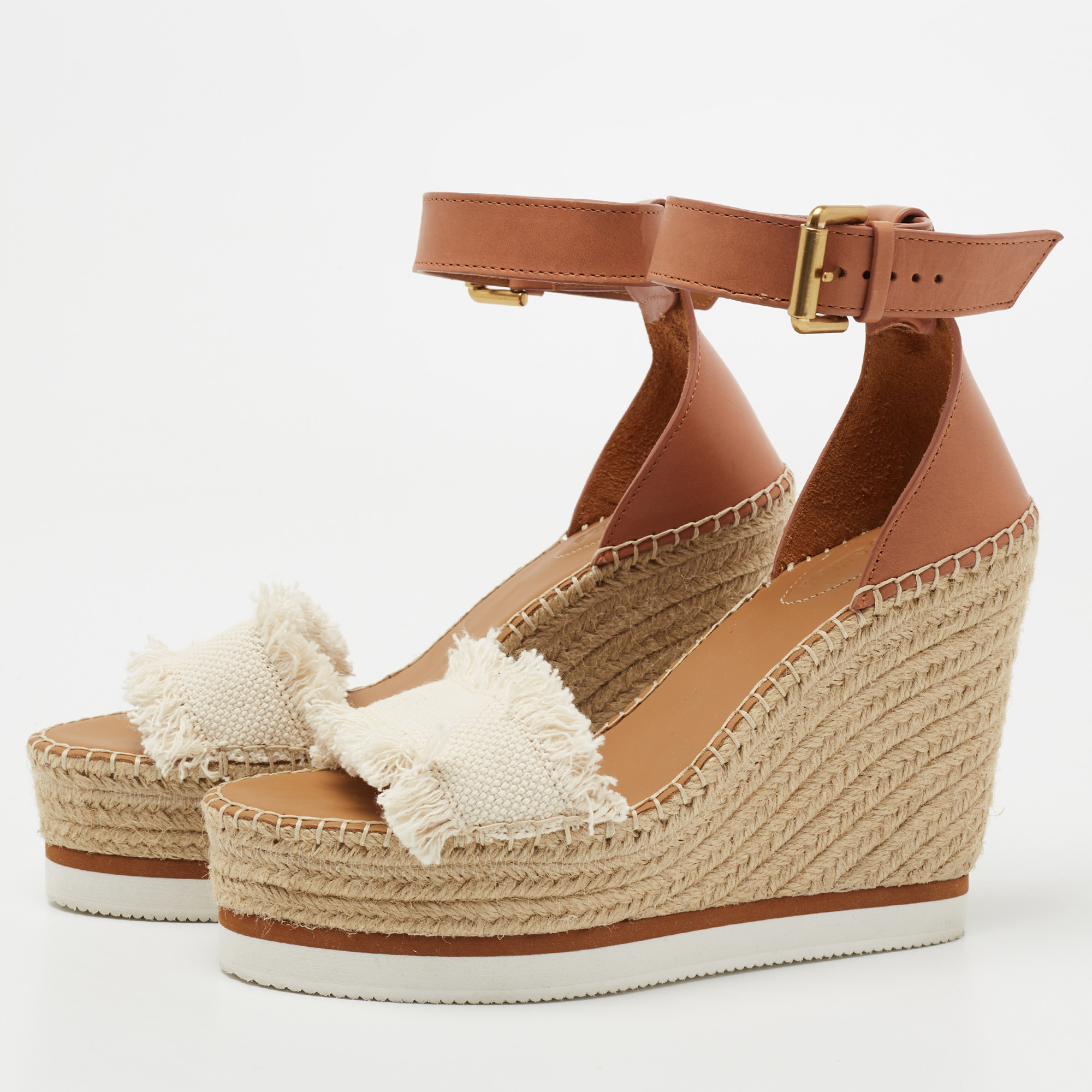 

See by Chloe Tan/White Leather And Canvas Glyn Wedge Espadrille Ankle Strap Sandals Size