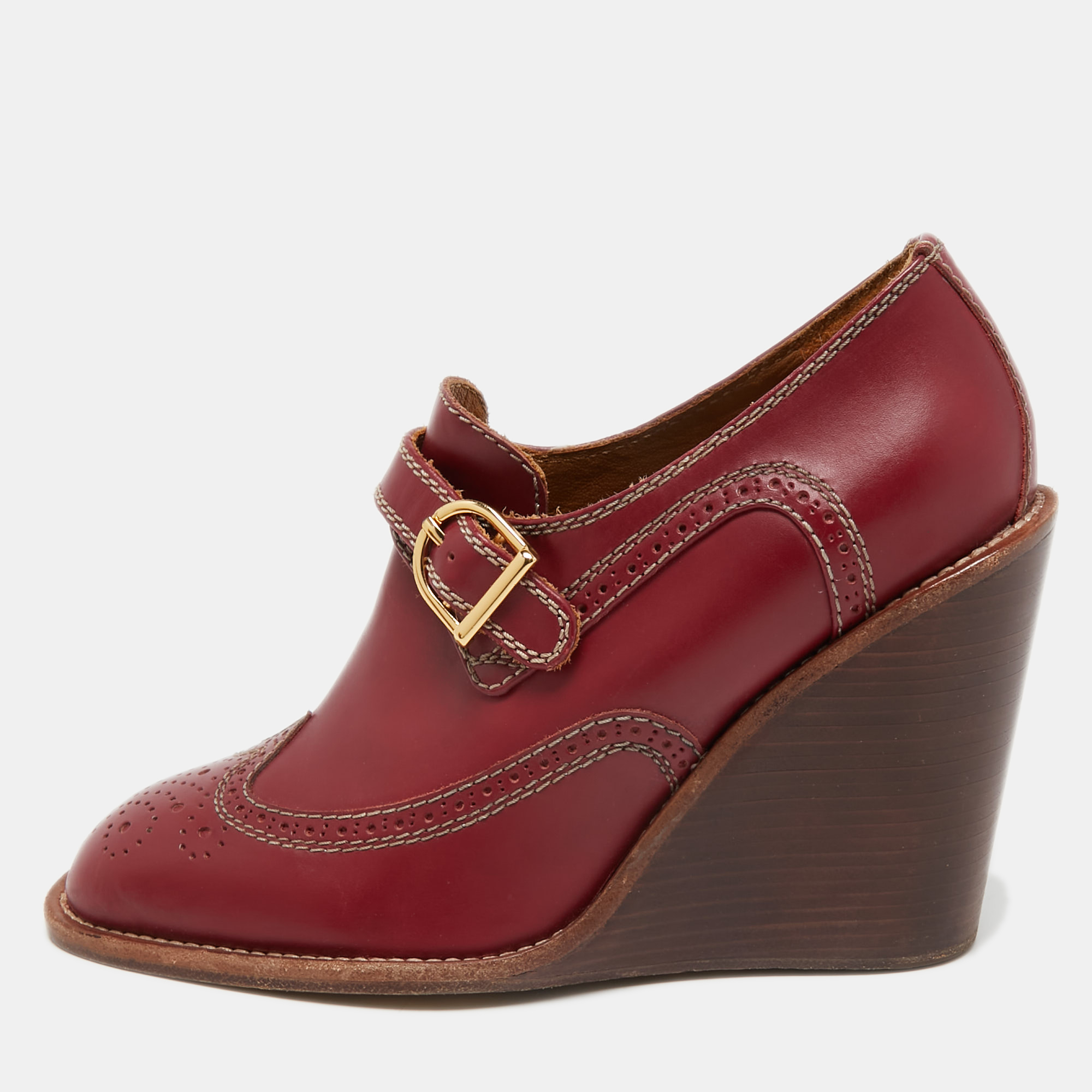 Pre-owned See By Chloé Burgundy Brogue Leather Wedge Loafer Pumps Size 38.5