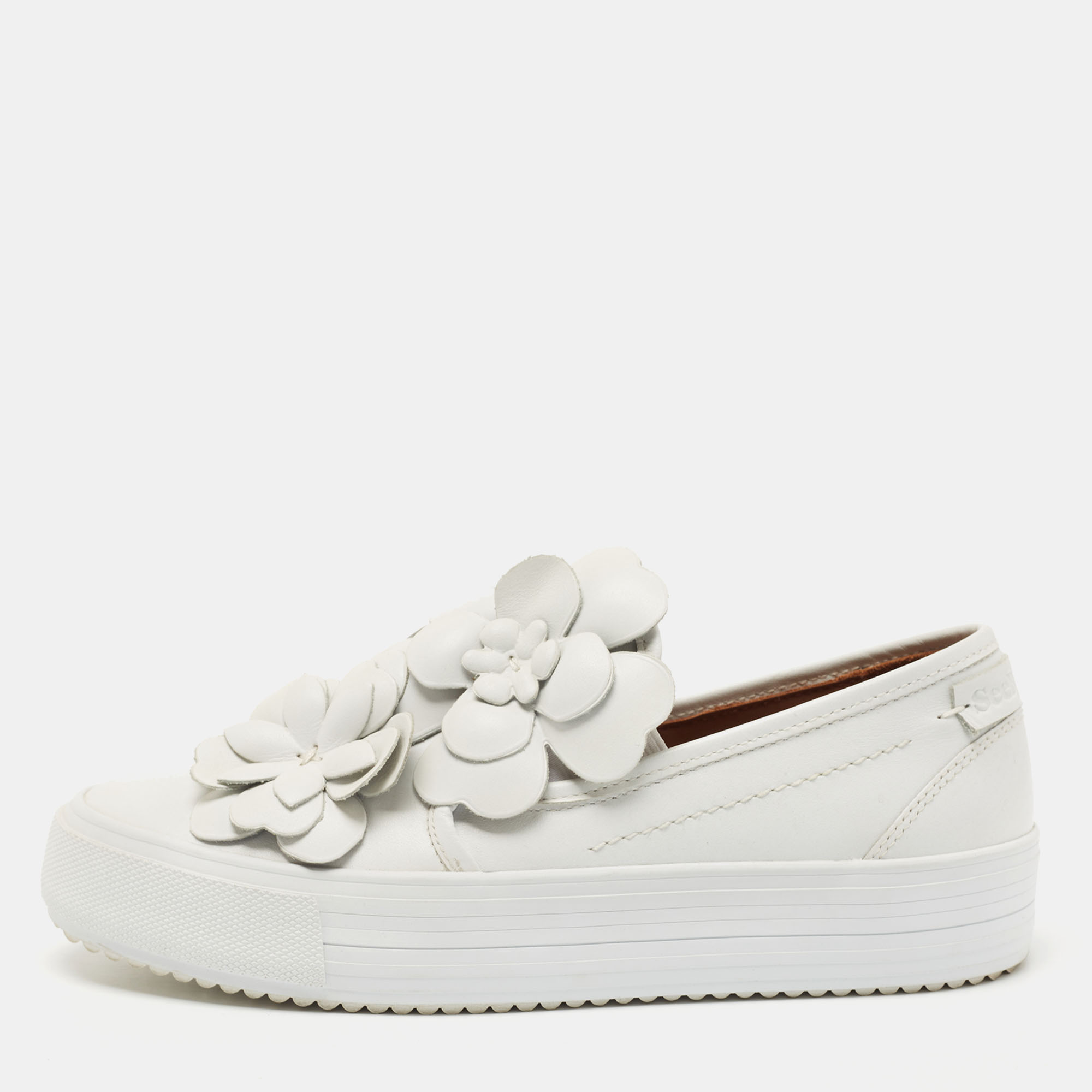 Pre Owned See by Chloe White Leather Low Top Sneakers Size 38