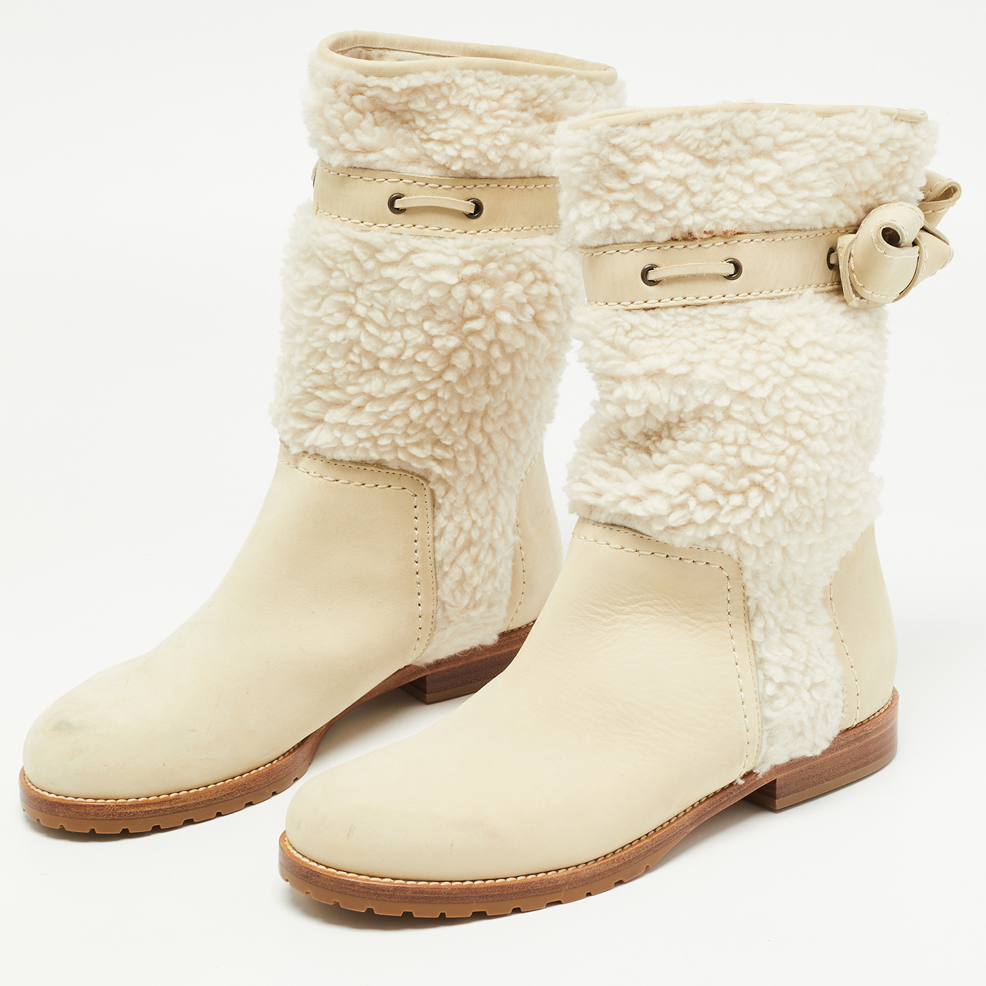 

See by Chloe White Nubuck Leather and Fur Ankle Length Boots Size, Cream