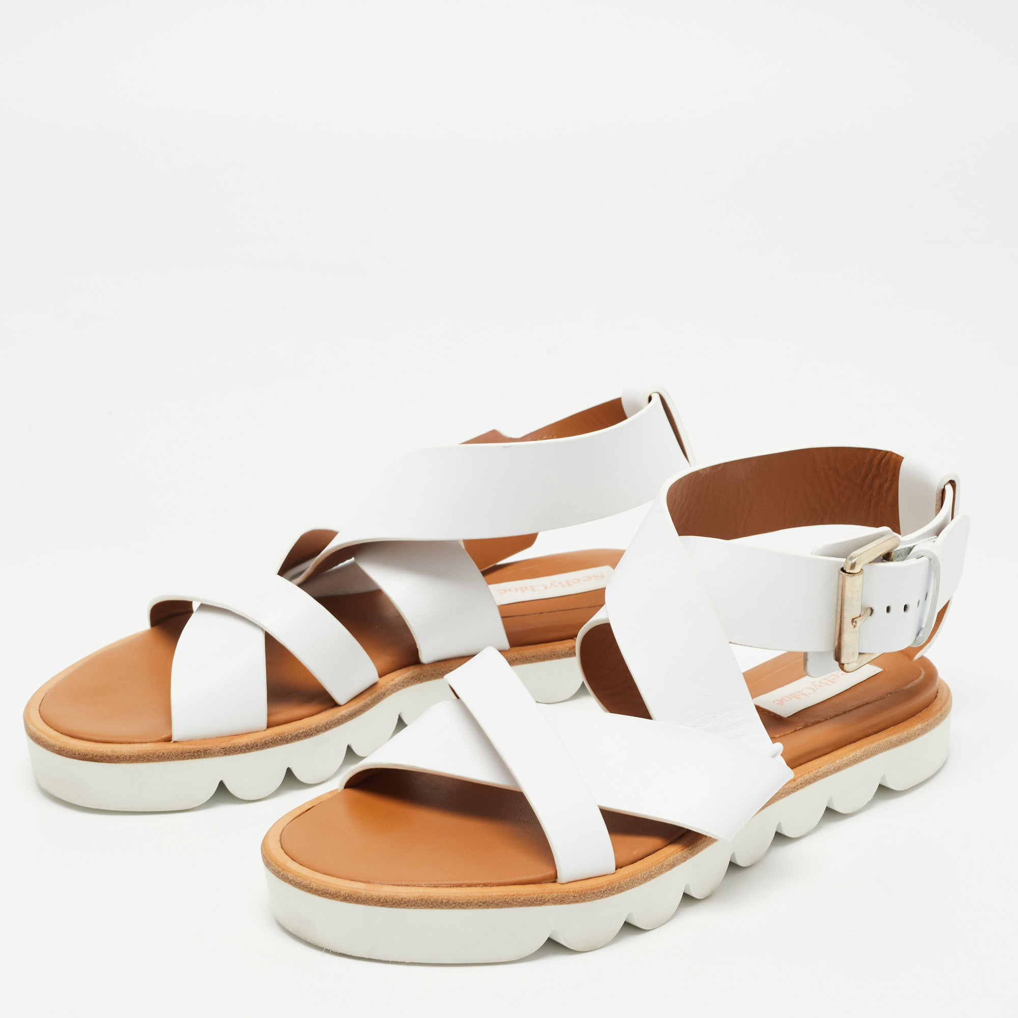 

See by Chloe White/Beige Leather Cross Strap Flat Sandals Size