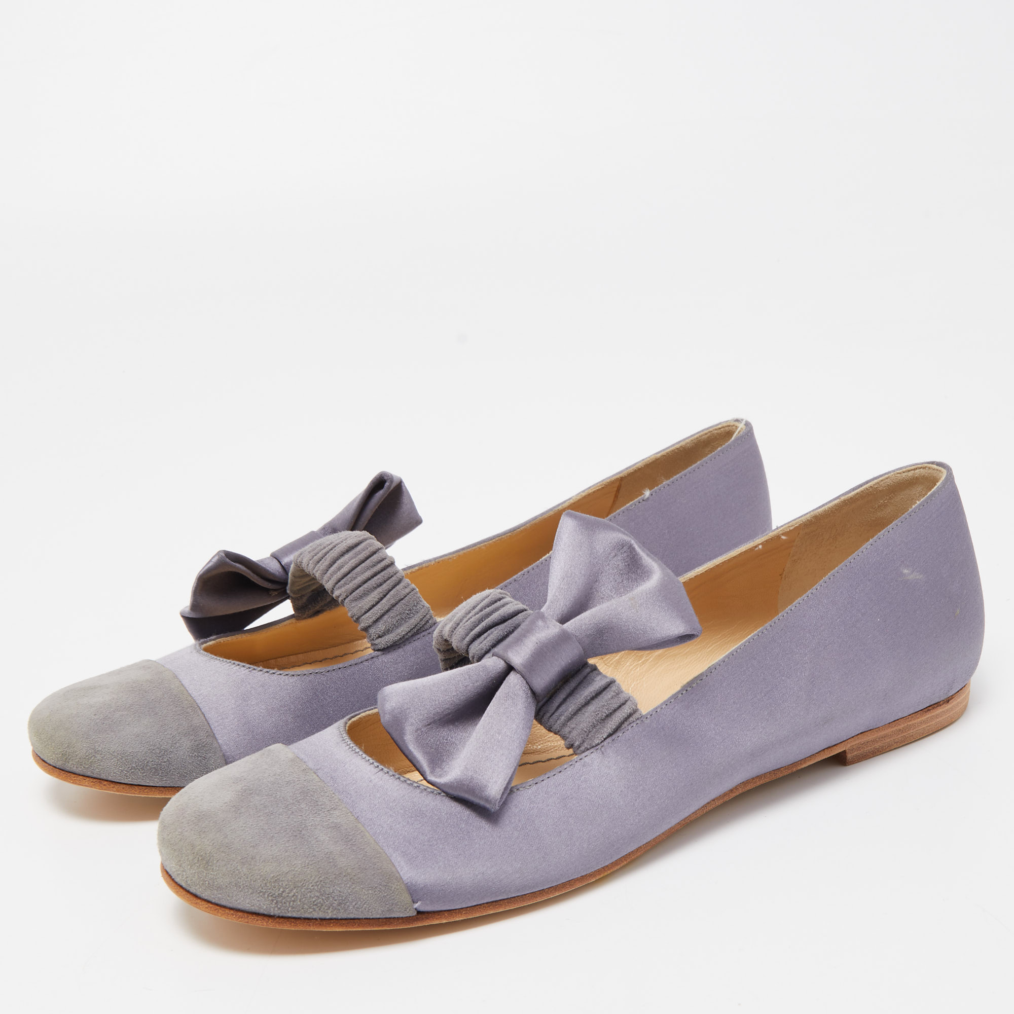 

See by Chloe Two Tone Satin and Suede Bow Mary Jane Ballet Flats Size, Grey
