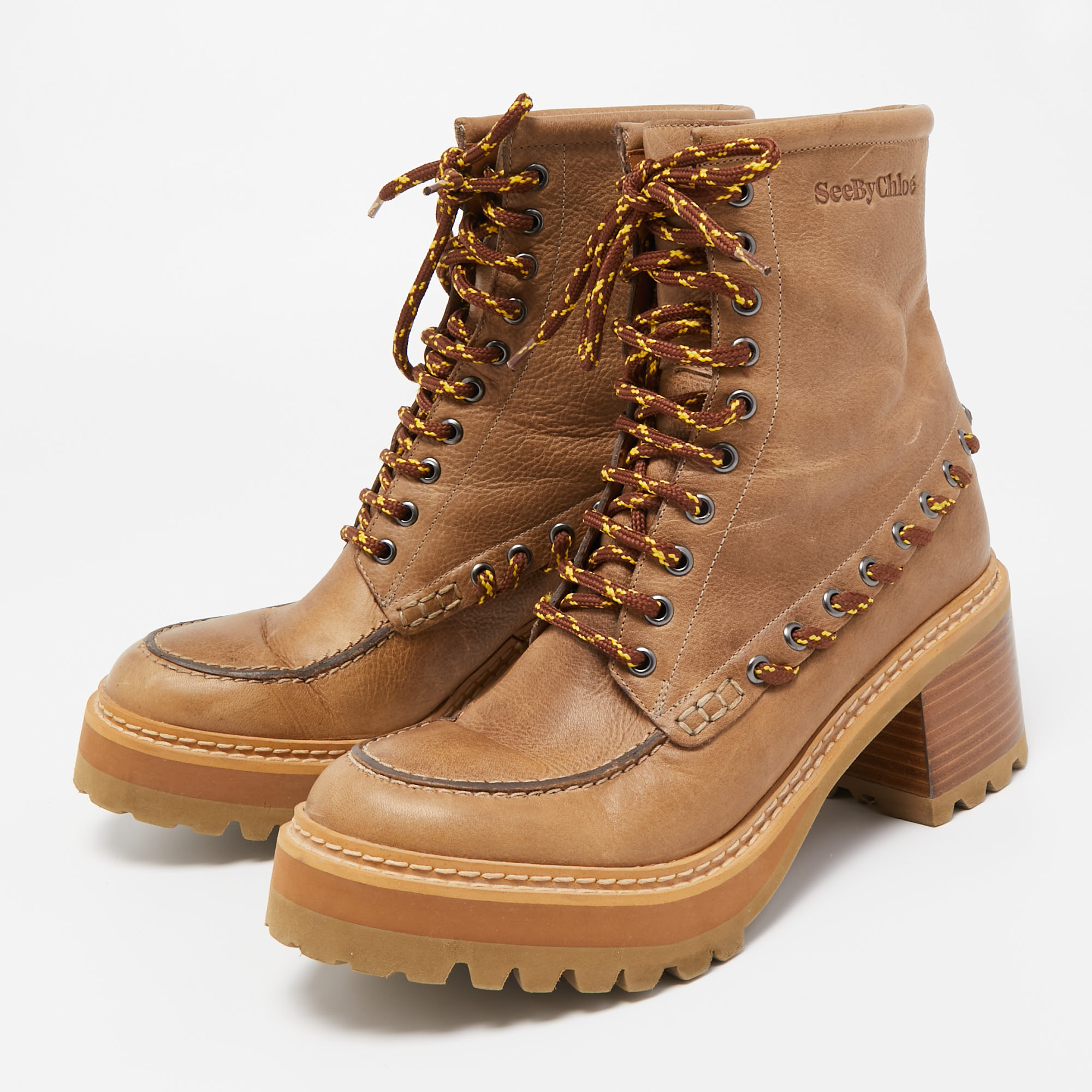 

See by Chloe Beige Leather Ankle Lace Up Boots Size, Brown