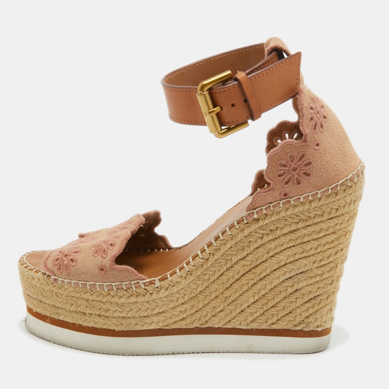 

See by Chloe Pink/Beige Leather and Suede Wedge Espadrille Sandals Size
