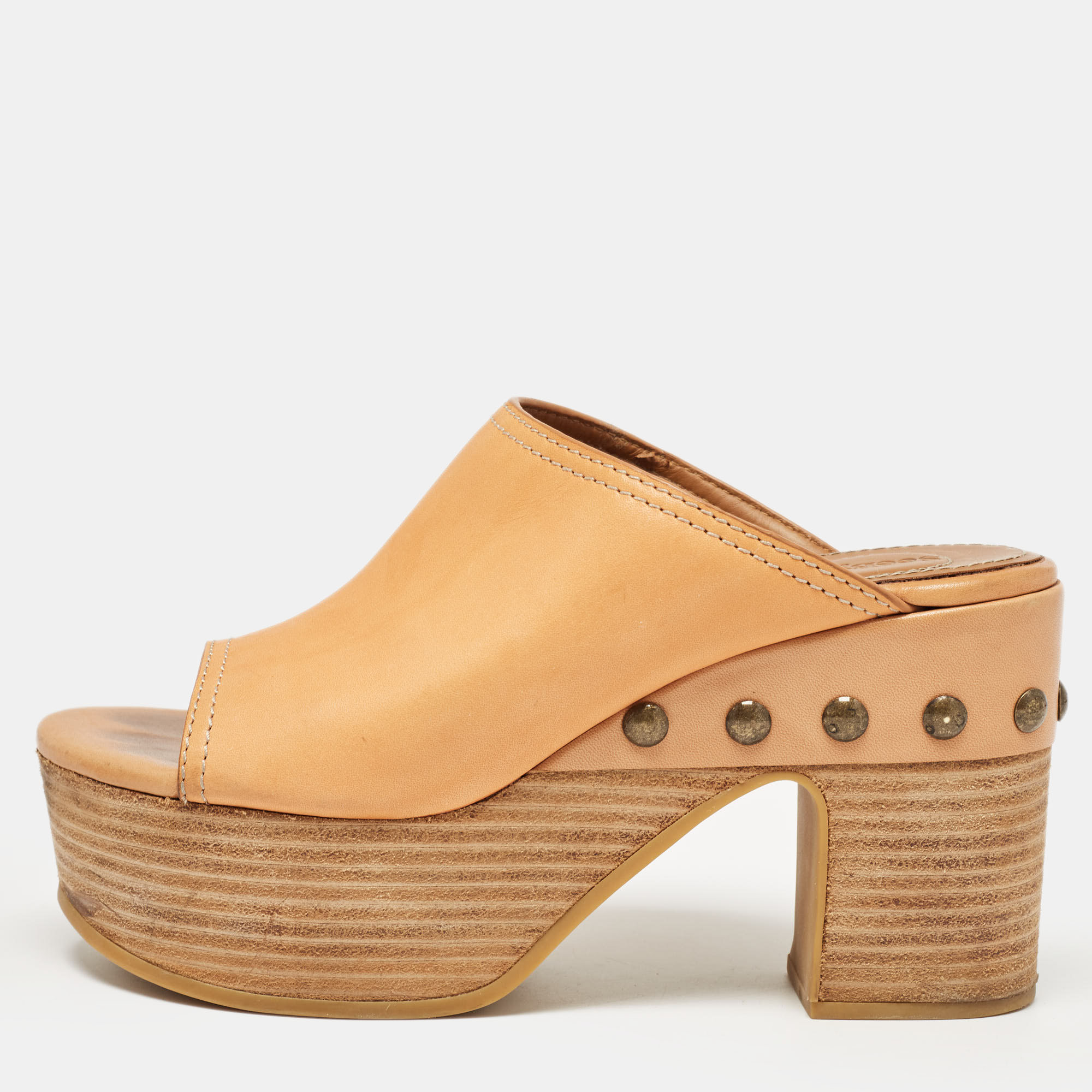 See by Chloe Brown Leather Platform Slide Sandals Size 37