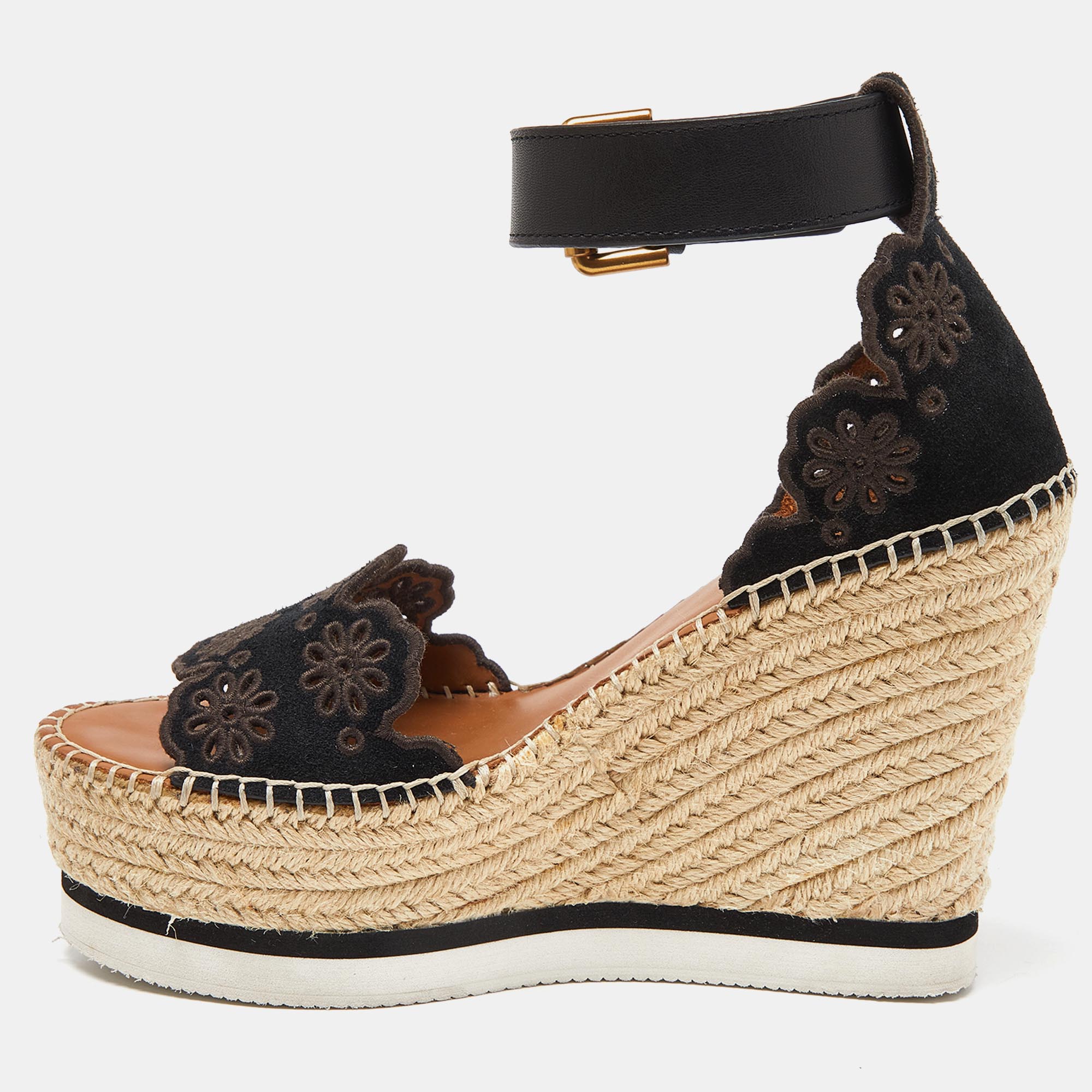

See by Chloe Black Suede Floral Laser-Cut Platform Wedge Espadrille Sandals Size