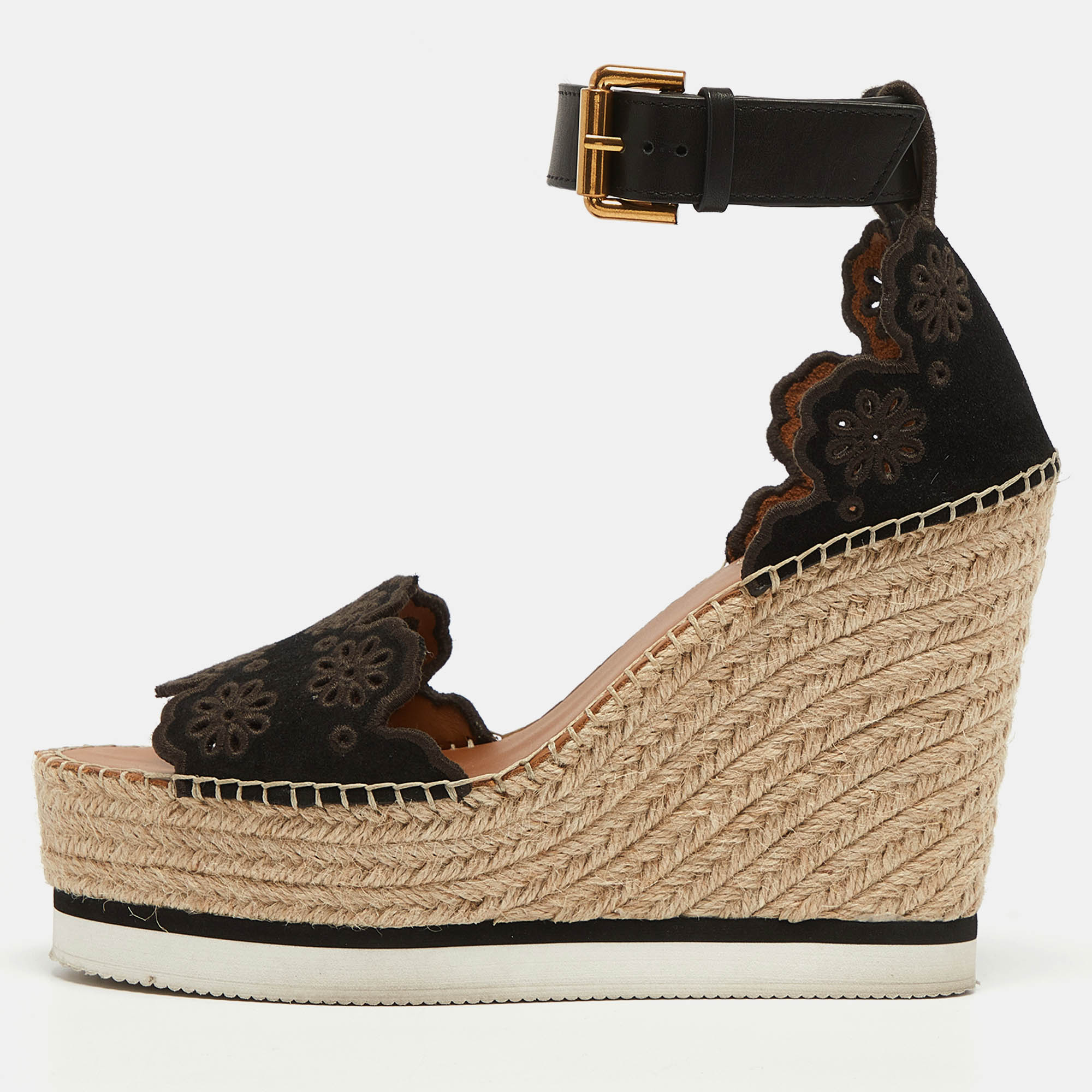 

See by Chloe Black Suede and Leather Floral Lasercut Espadrille Wedge Sandals Size