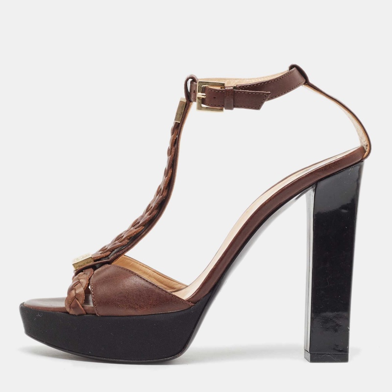 

See by Chloe Brown/Black Canvas and Leather Ankle Strap Sandals Size