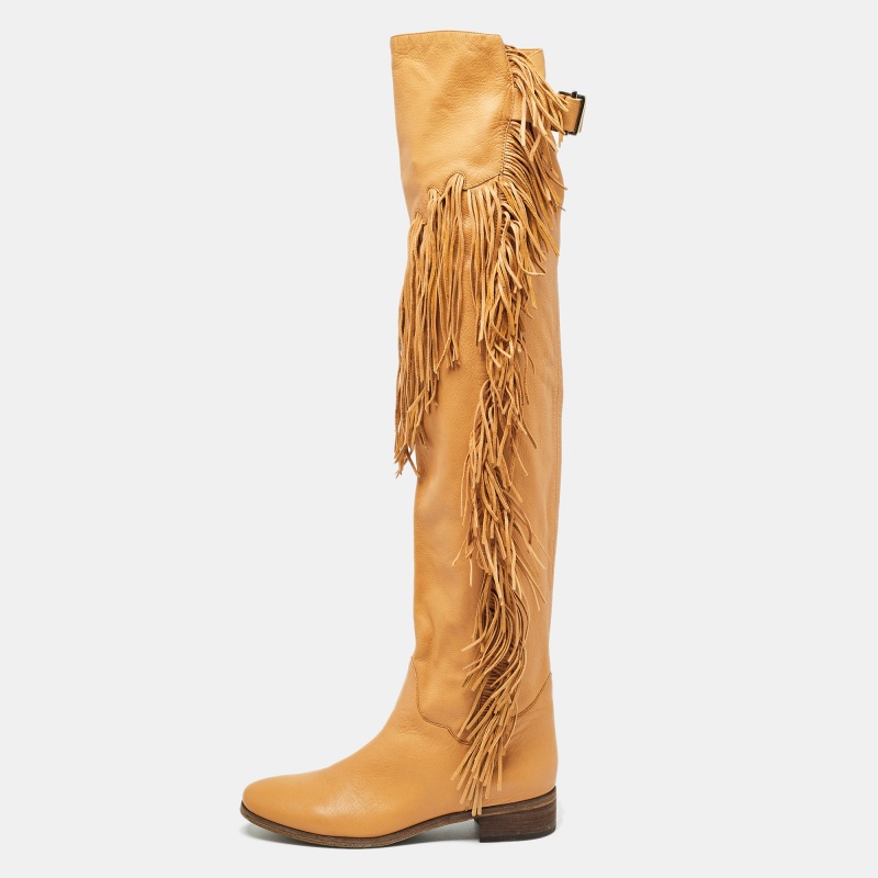 

See by Chloe Brown Leather Fringe Details Over The Knee Length Boots Size