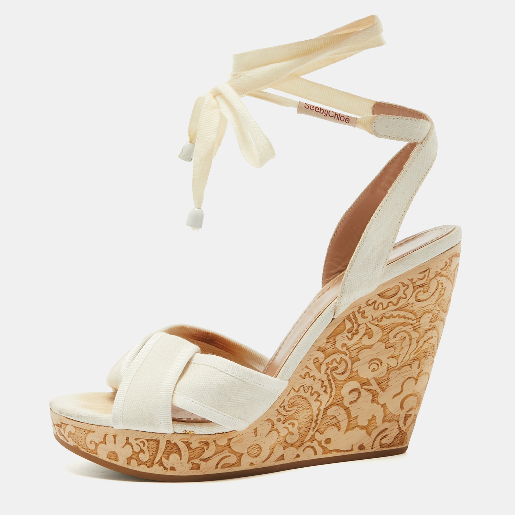 Pre-owned See By Chloé White Canvas Wedges Platform Ankle Wrap Sandals Size 39